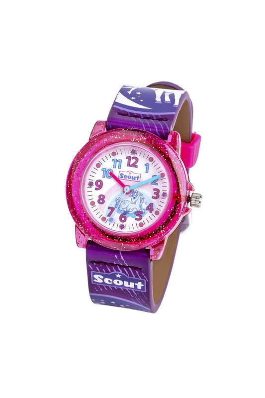 Scout Kinderuhr analog aus der Serie "Crystal" mit lila pinkem Kunstlederband, Einhorn- und Fee-Motiven und Quarzwerk