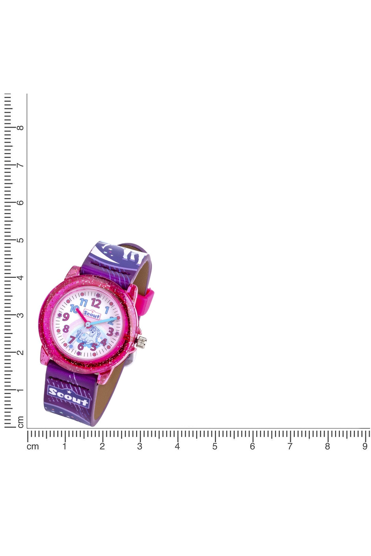 Scout Kinderuhr analog aus der Serie "Crystal" mit lila pinkem Kunstlederband, Einhorn- und Fee-Motiven und Quarzwerk
