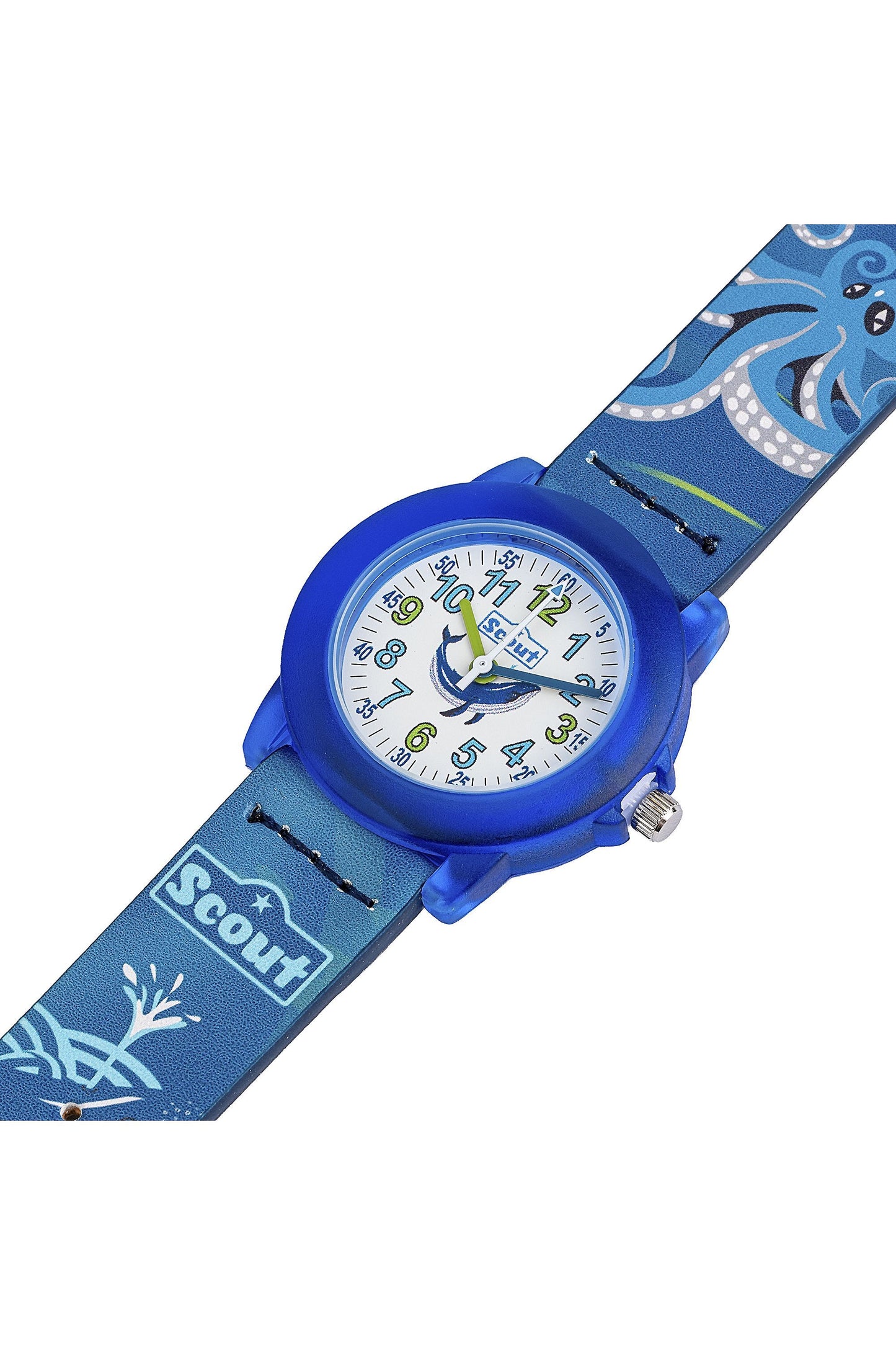 Scout Kinderuhr analog aus der Serie "Crystal" mit blauem Kunstlederband mit Unterwasserwelt-Motiven und Quarzwerk
