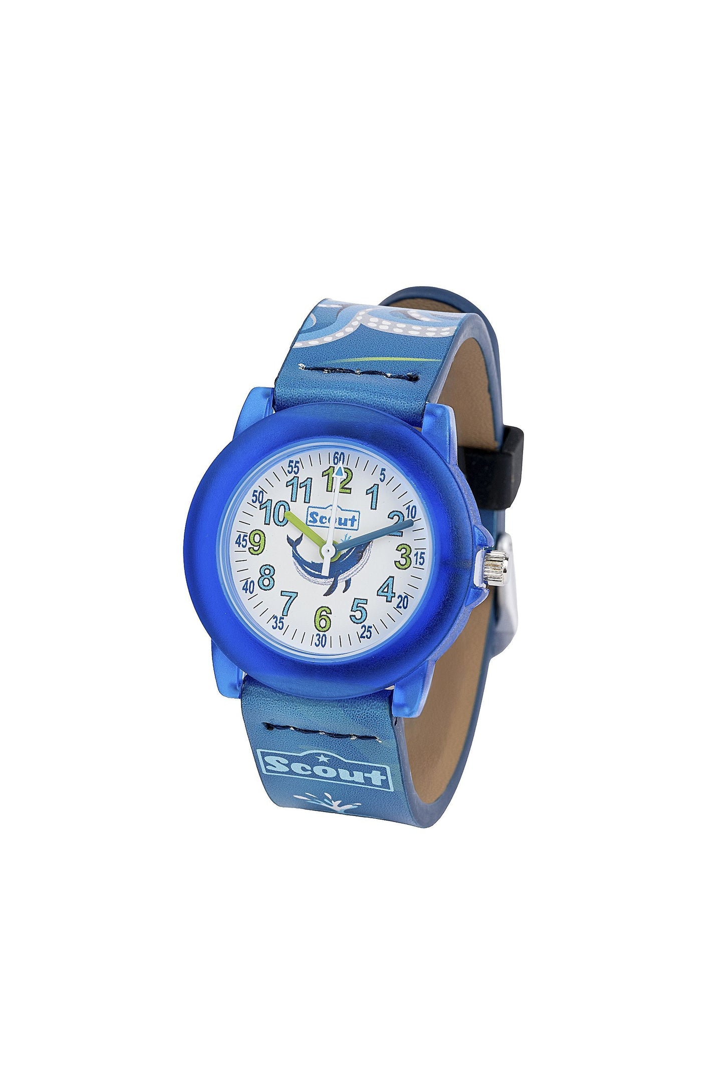 Scout Kinderuhr analog aus der Serie "Crystal" mit blauem Kunstlederband mit Unterwasserwelt-Motiven und Quarzwerk