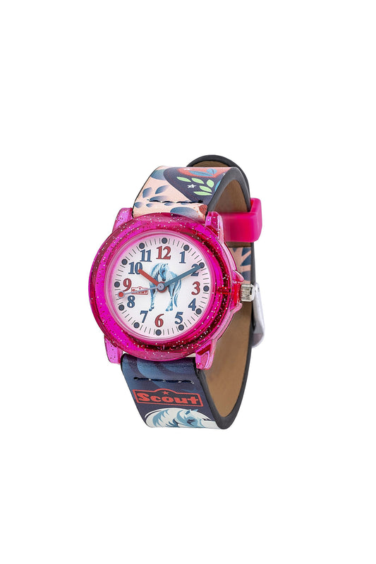 Scout Kinderuhr analog aus der Serie "Crystal" mit rosa/blauem Kunstlederband, Pferde-Motiven und Quarzwerk