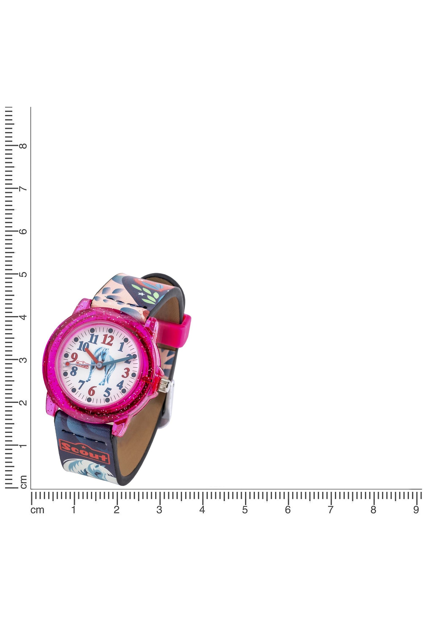 Scout Kinderuhr analog aus der Serie "Crystal" mit rosa/blauem Kunstlederband, Pferde-Motiven und Quarzwerk