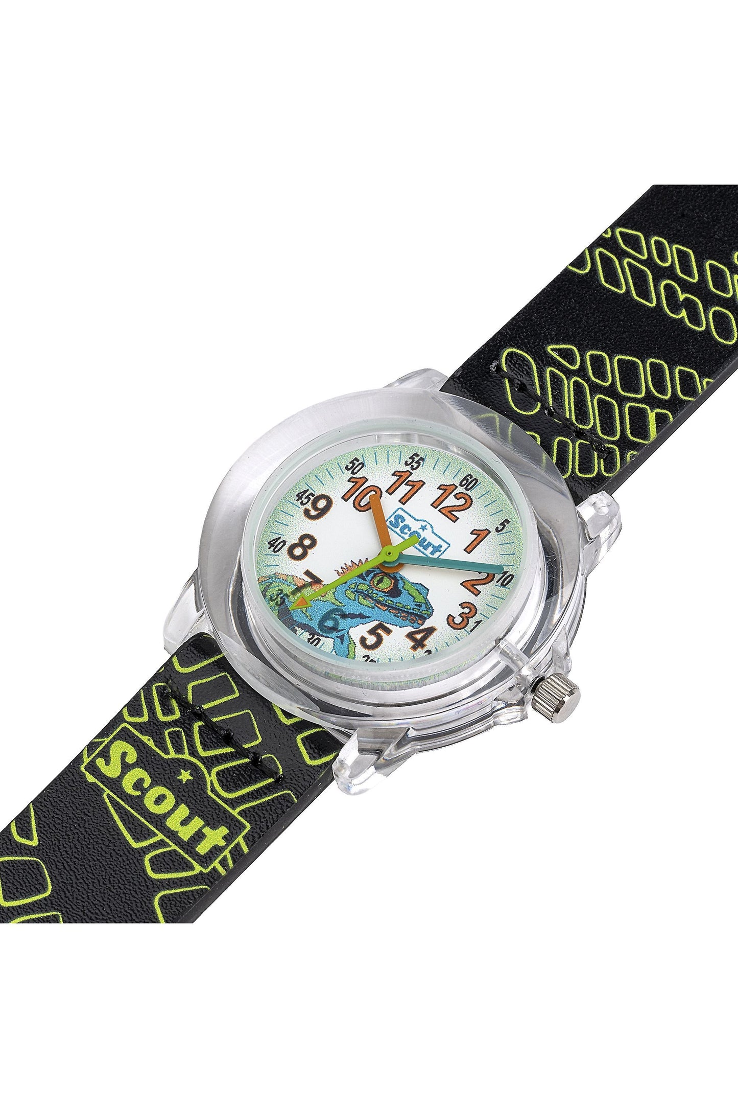 Scout Kinderuhr analog aus der Serie "Crystal" mit schwarz/grünem Kunstlederband, Echsen-Motiv und Quarzwerk