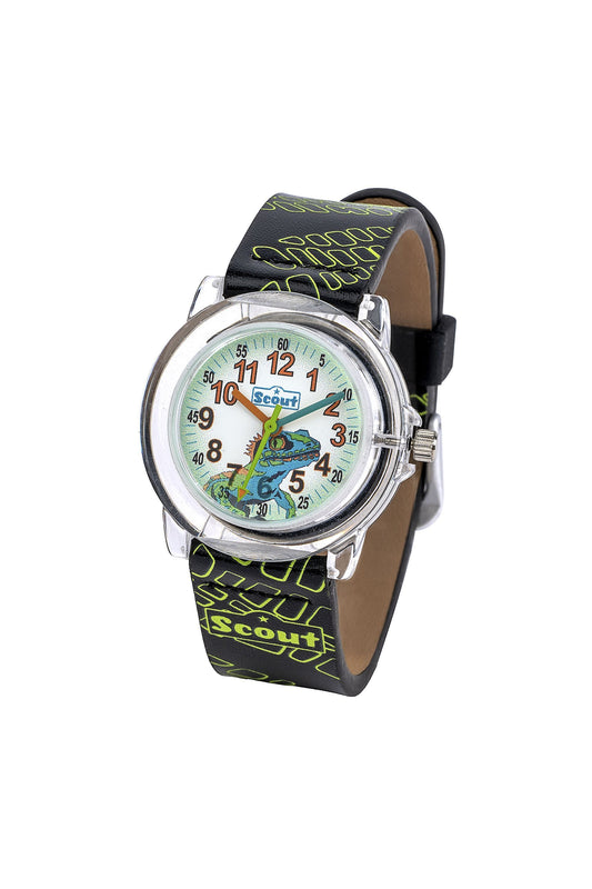 Scout Kinderuhr analog aus der Serie "Crystal" mit schwarz/grünem Kunstlederband, Echsen-Motiv und Quarzwerk