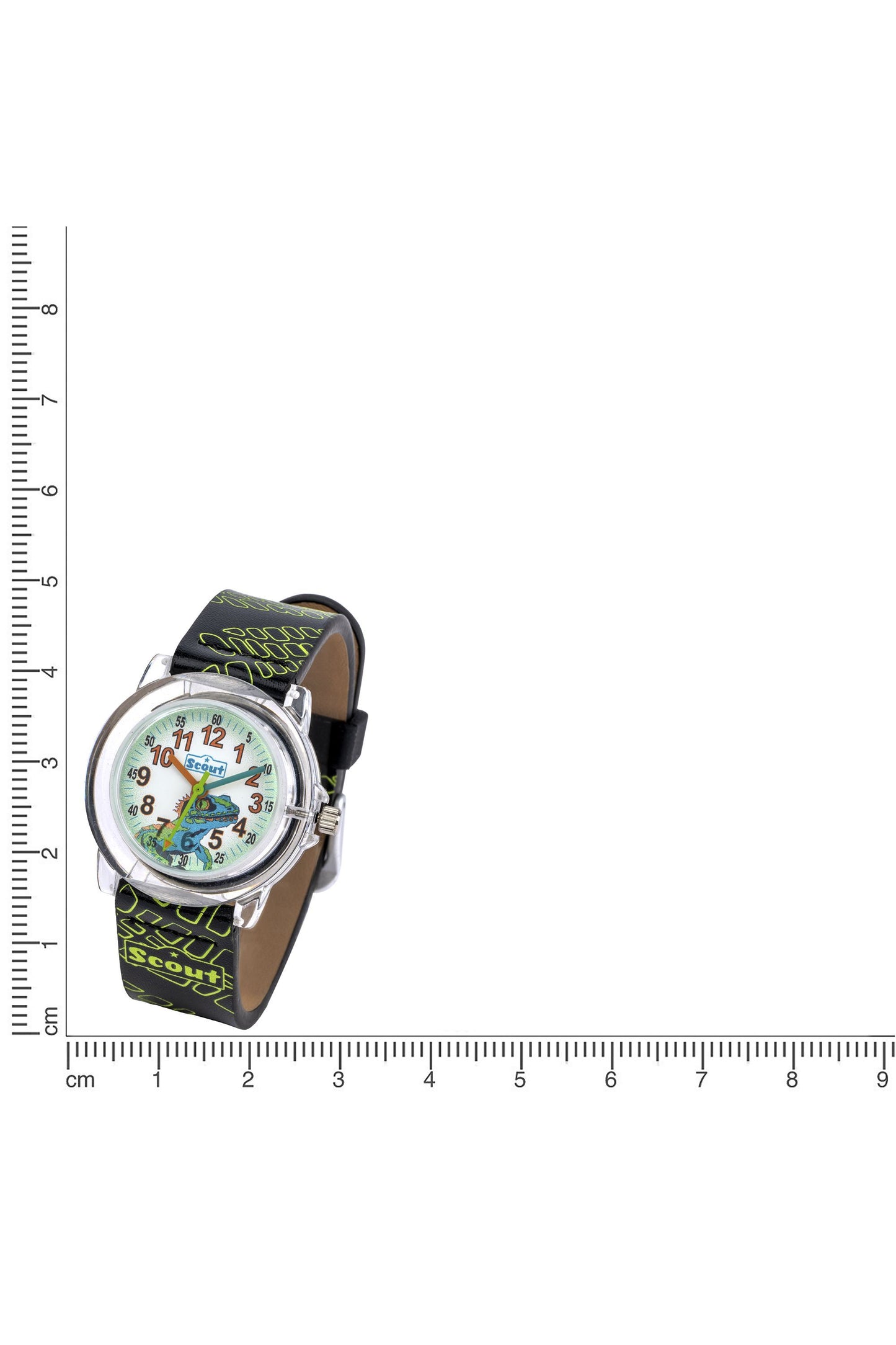 Scout Kinderuhr analog aus der Serie "Crystal" mit schwarz/grünem Kunstlederband, Echsen-Motiv und Quarzwerk