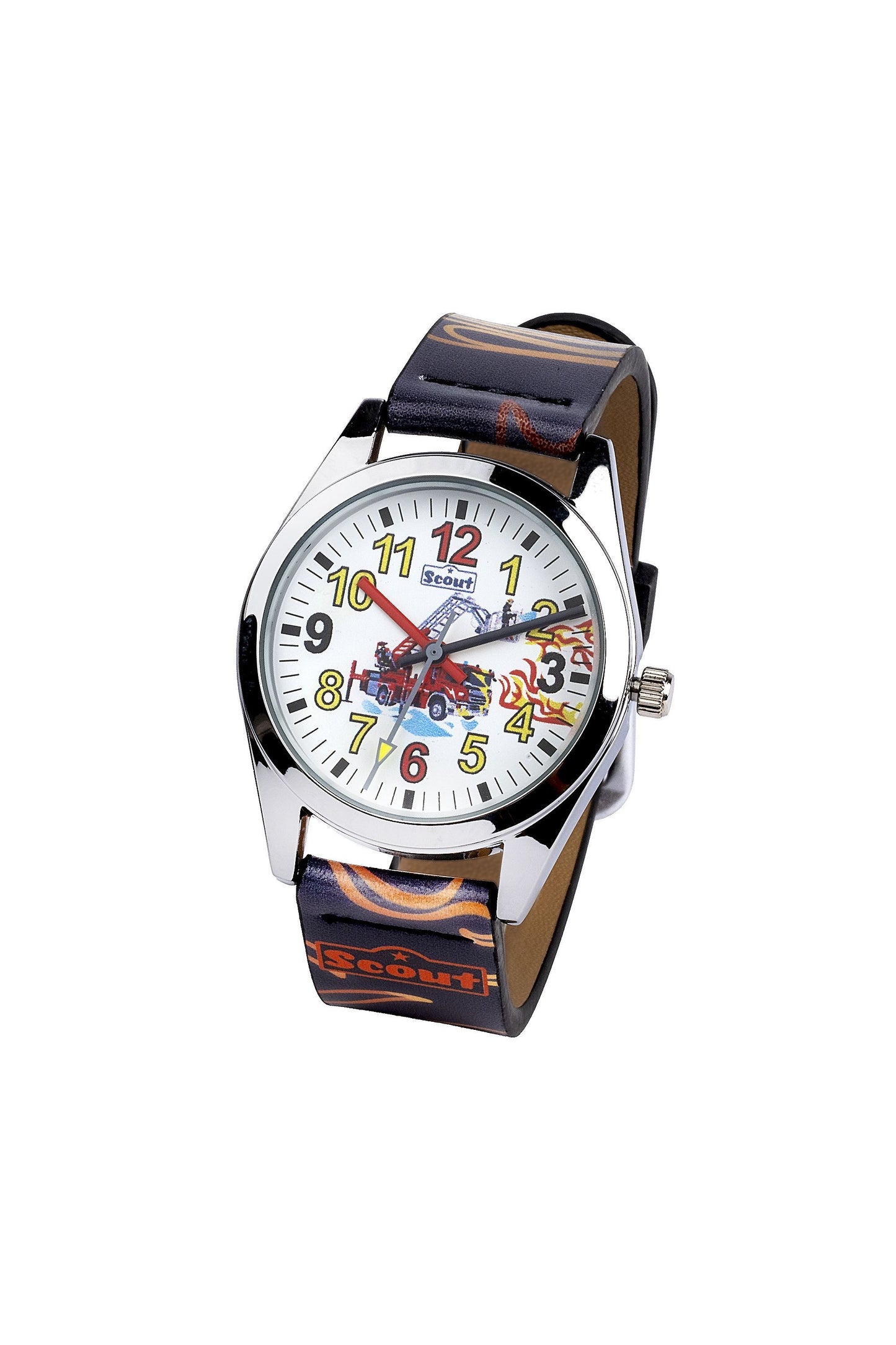 Scout Kinderuhr analog aus der Serie "Classic" mit mehrfarbigem Kunstlederband mit Flammen, Feuerwehr-Motiv und Quarzwerk