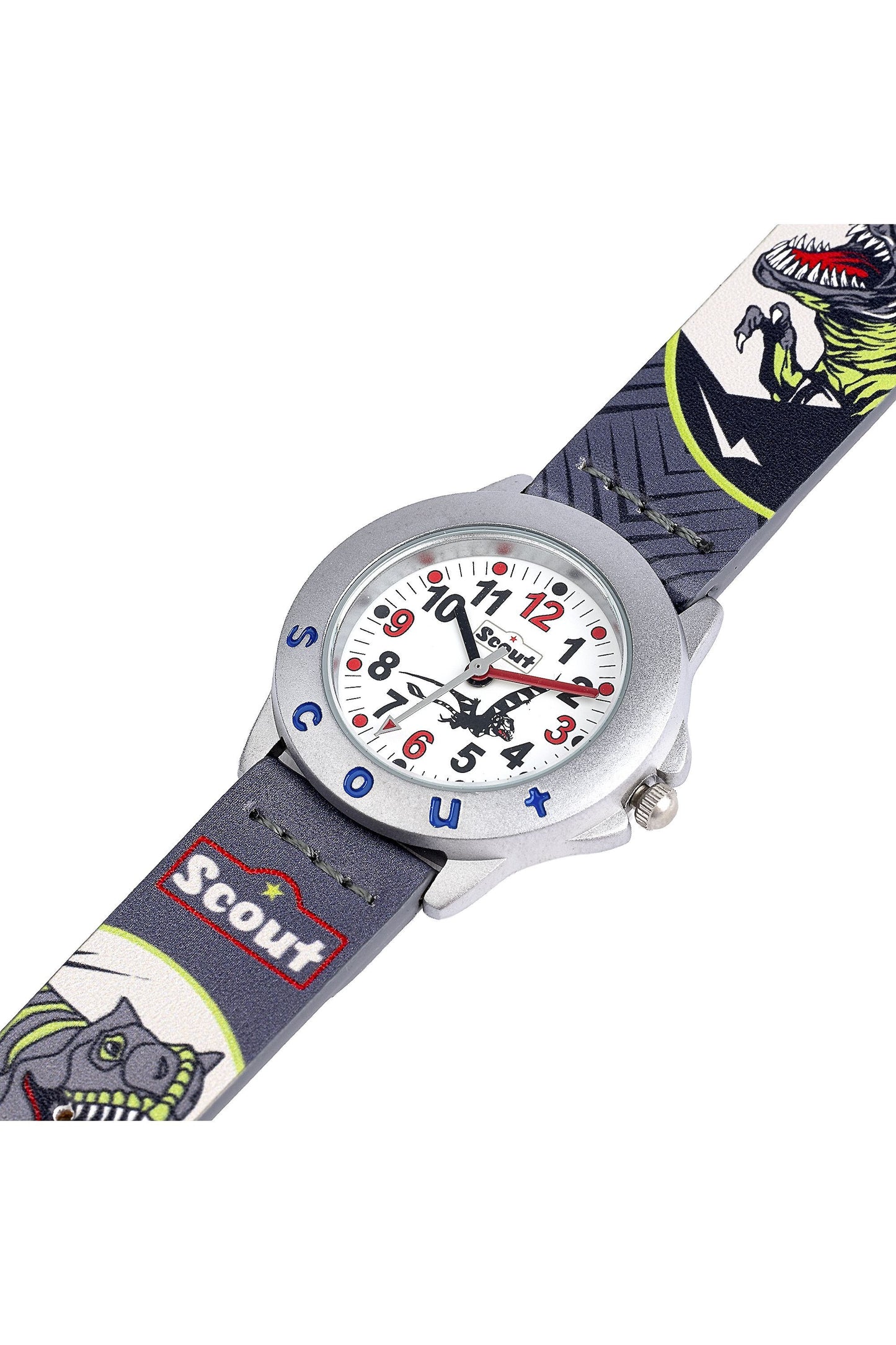 Scout Kinderuhr analog aus der Serie "Star Kids" mit schwarz grünem Kunstlederband Dino-Motiven und Quarzwerk