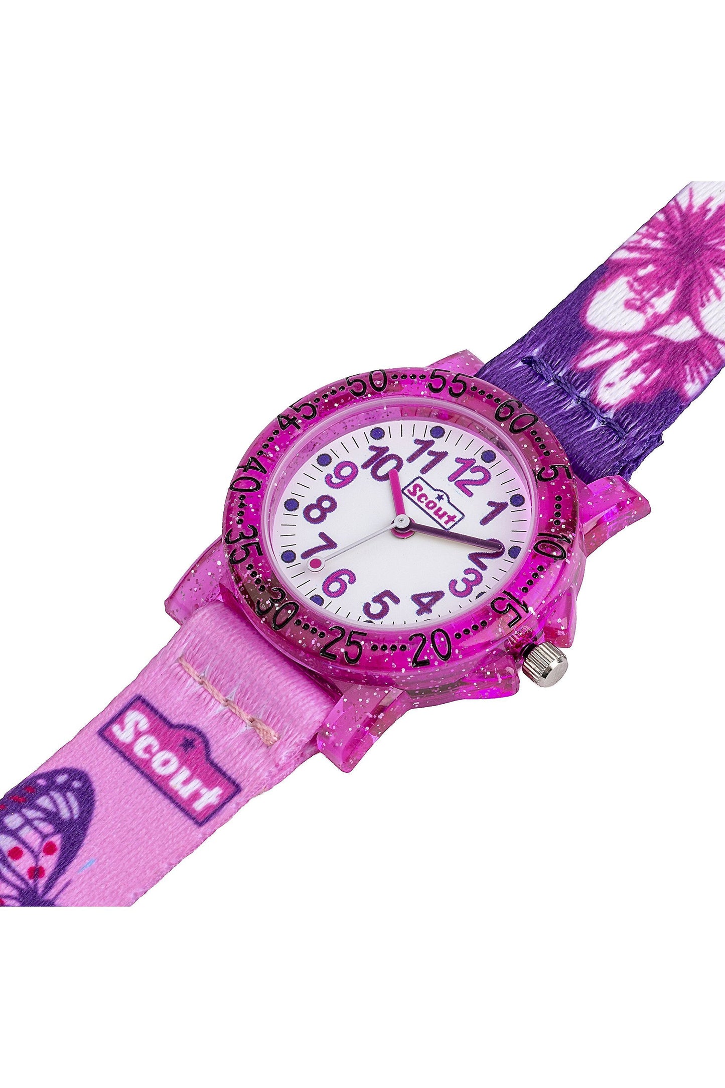 Scout Kinderuhr analog aus der Serie "The IT Collection" mit rosa lilanem Textilband, Schmetterling-Motiven und Quarzwerk