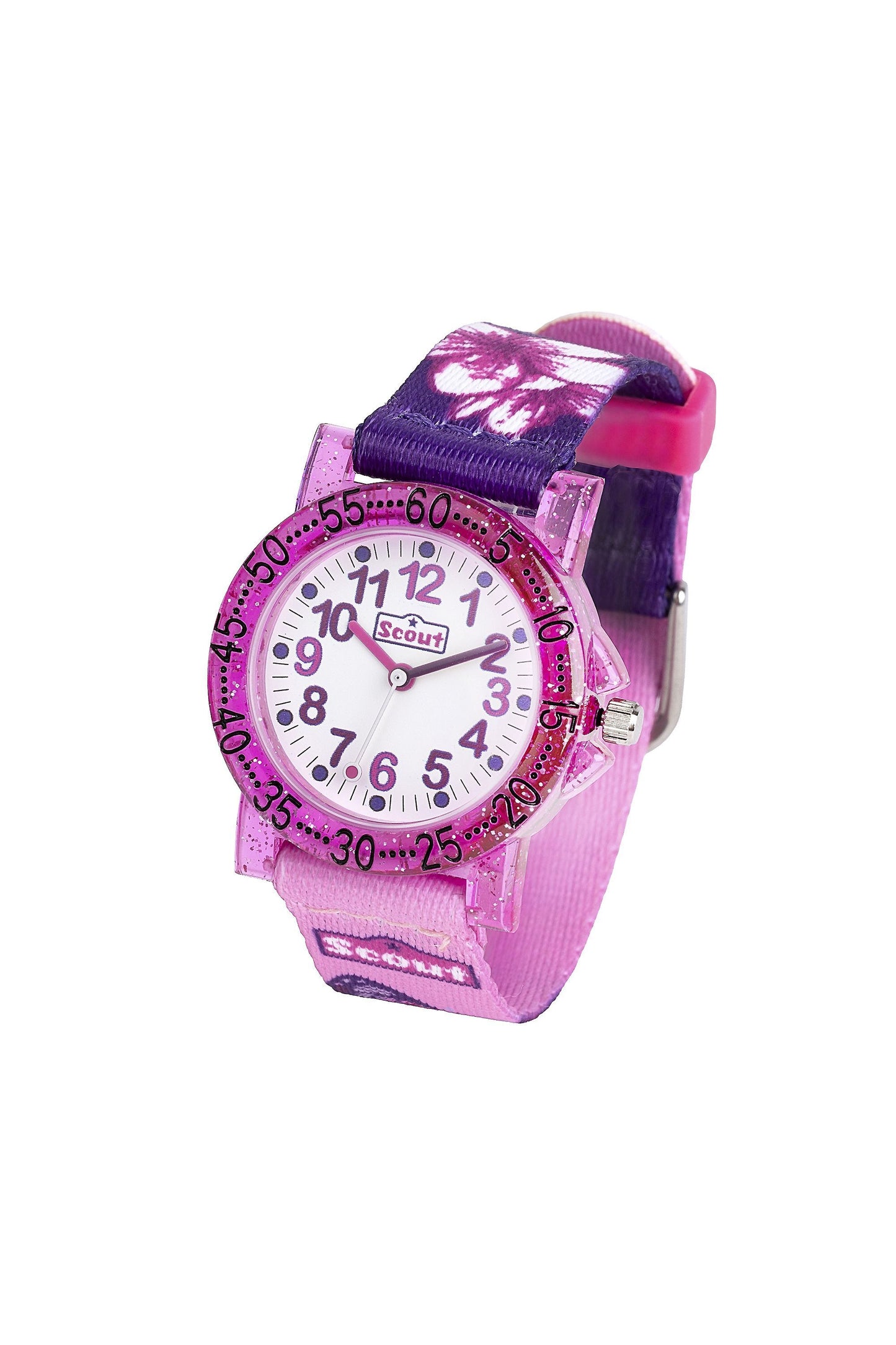 Scout Kinderuhr analog aus der Serie "The IT Collection" mit rosa lilanem Textilband, Schmetterling-Motiven und Quarzwerk