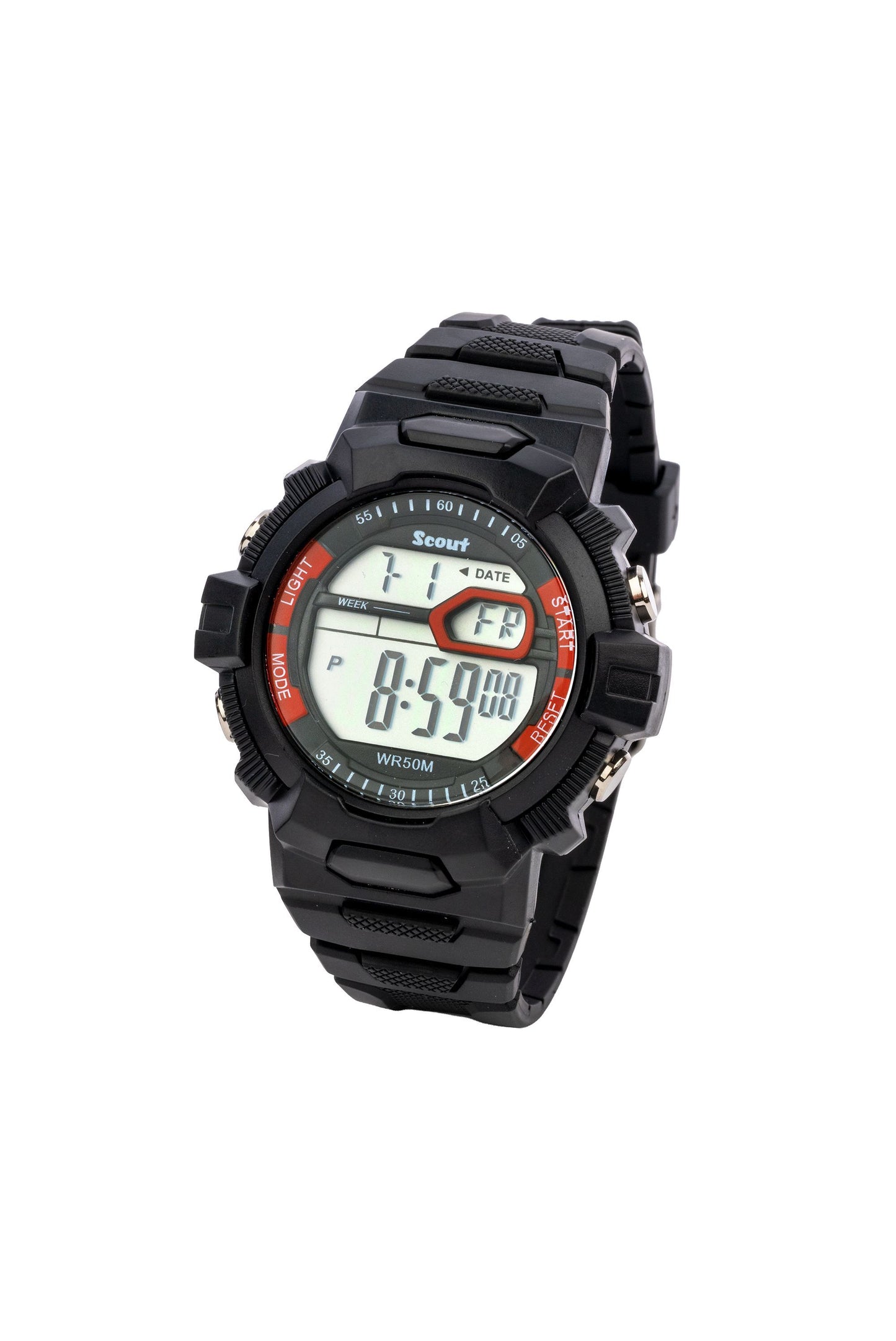 Scout Kinderuhr digital aus der Serie "The Digi" mit schwarzem Kunststoffband, Datumsanzeige und Stoppuhr