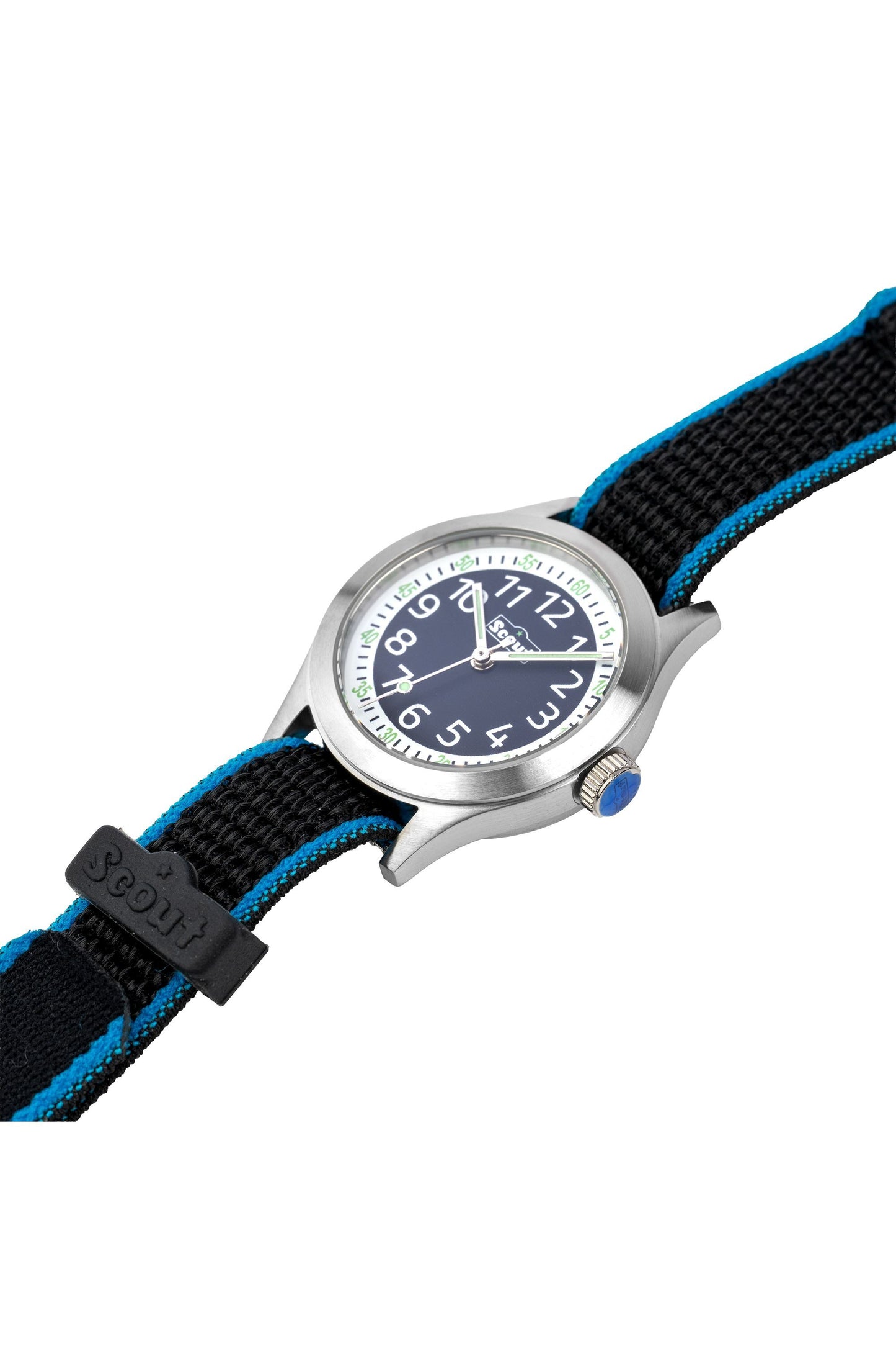 Scout Kinderuhr analog aus der Serie "Cool" mit schwarz blauem Textilband, Quarzwerk und Klettverschluss