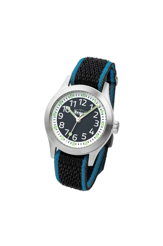 Scout Kinderuhr analog aus der Serie "Cool" mit schwarz blauem Textilband, Quarzwerk und Klettverschluss