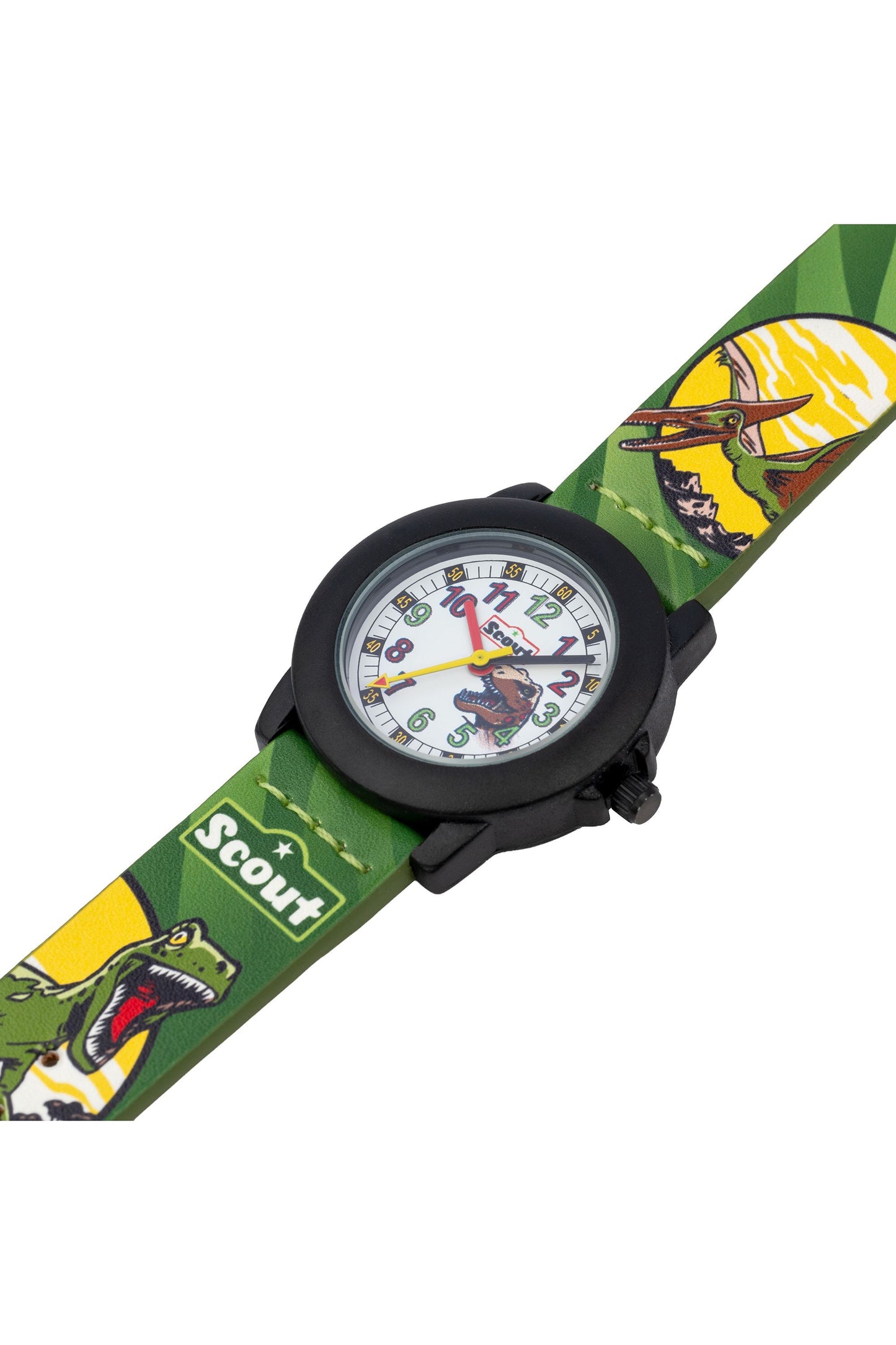 Scout Kinderuhr analog aus der Serie "Crystal" mit grünem Kunstlederband mit Dinosaurier-Motiven und Quarzwerk