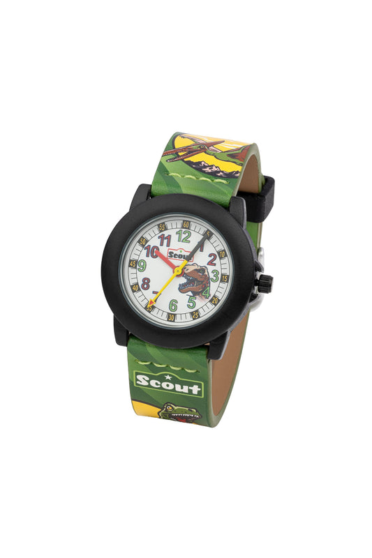 Scout Kinderuhr analog aus der Serie "Crystal" mit grünem Kunstlederband mit Dinosaurier-Motiven und Quarzwerk