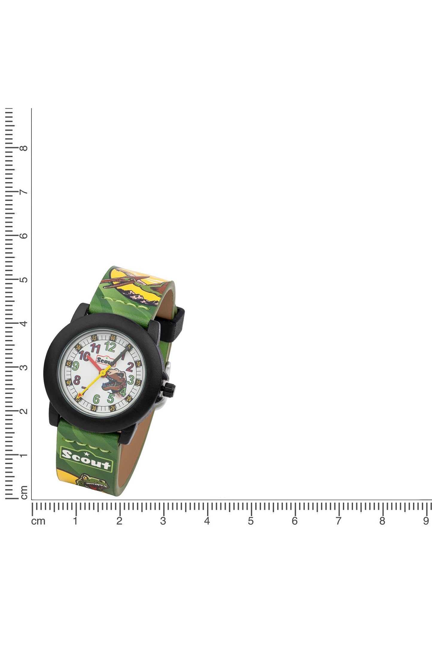 Scout Kinderuhr analog aus der Serie "Crystal" mit grünem Kunstlederband mit Dinosaurier-Motiven und Quarzwerk