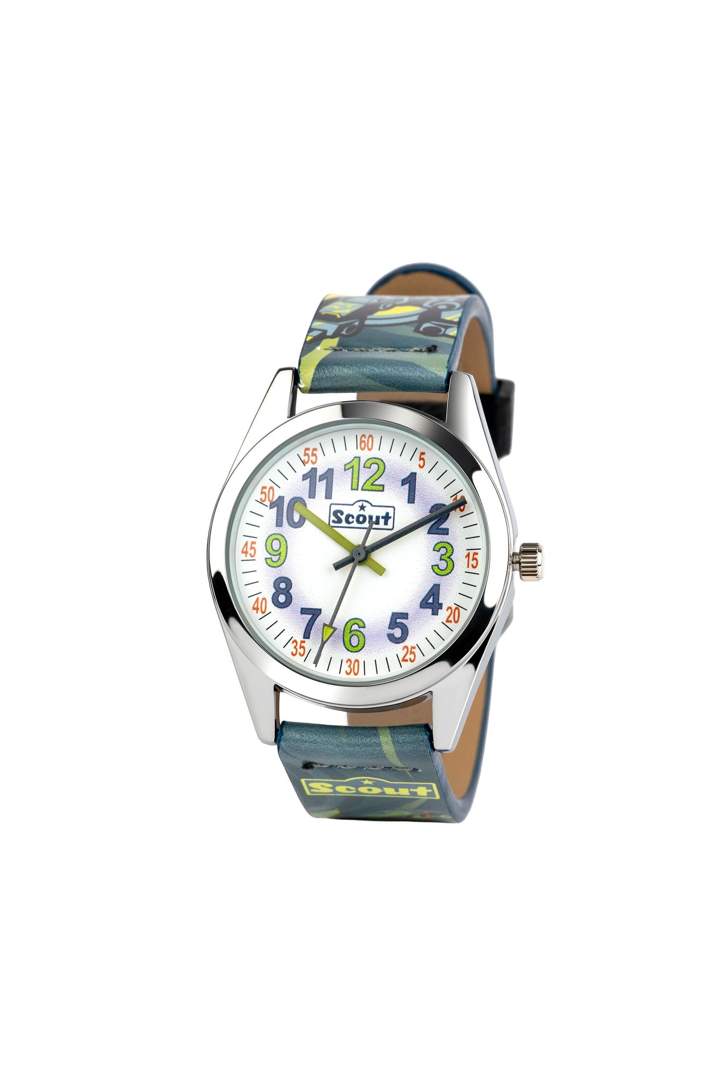 Scout Kinderuhr analog aus der Serie "Classic" mit mehrfarbigem Kunstlederband Roboter und Drachen-Motiven und Quarzwerk