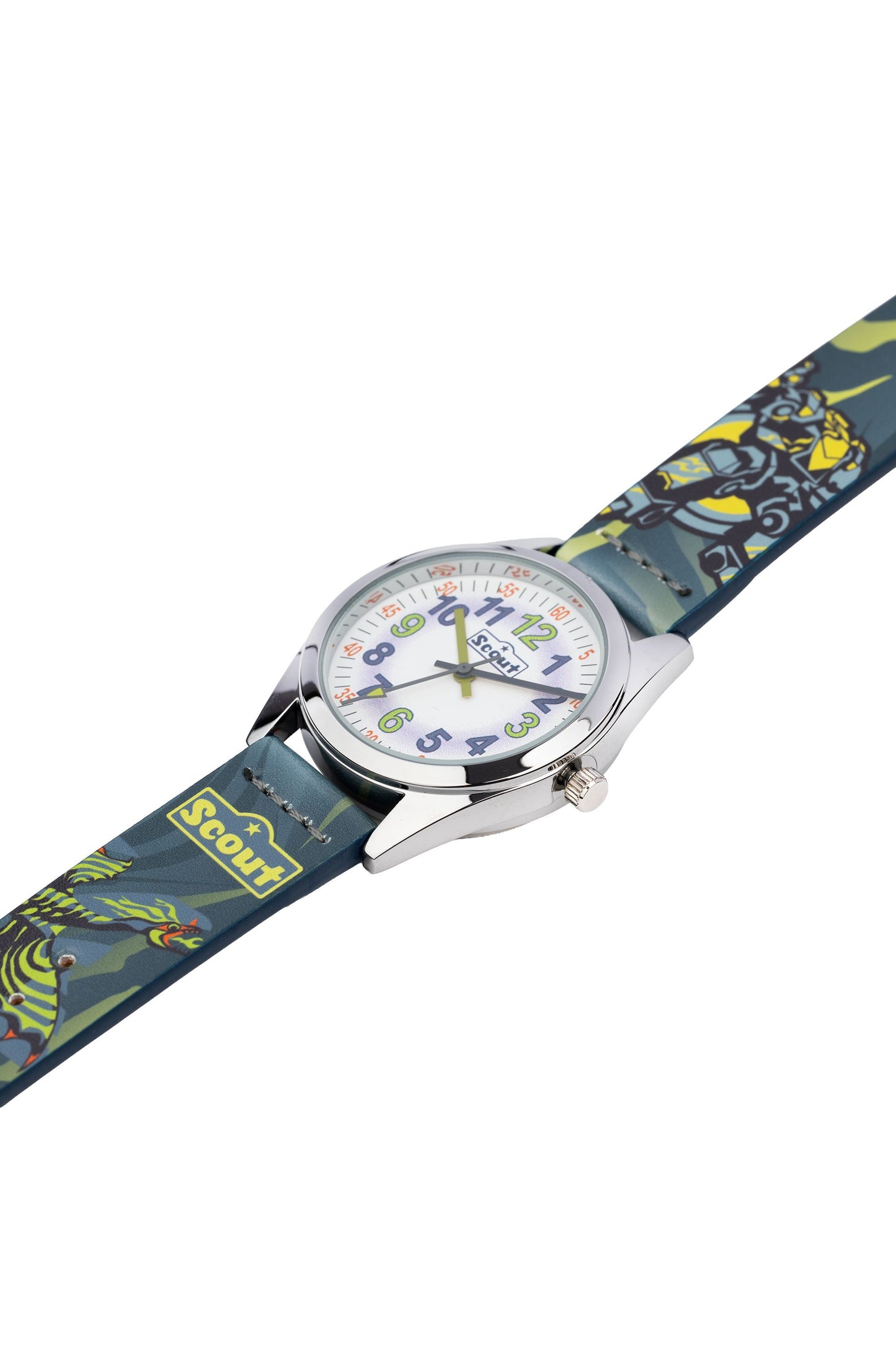 Scout Kinderuhr analog aus der Serie "Classic" mit mehrfarbigem Kunstlederband Roboter und Drachen-Motiven und Quarzwerk