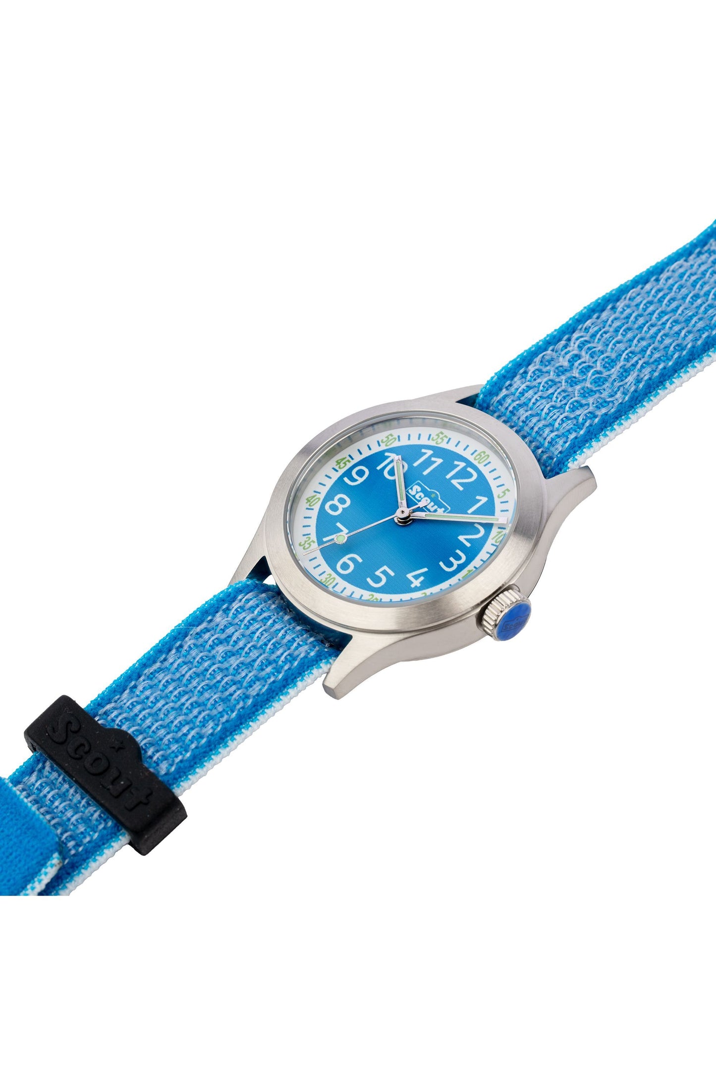 Scout Kinderuhr analog aus der Serie "Cool" mit hellblauem Textilband, Quarzwerk und Klettverschluss
