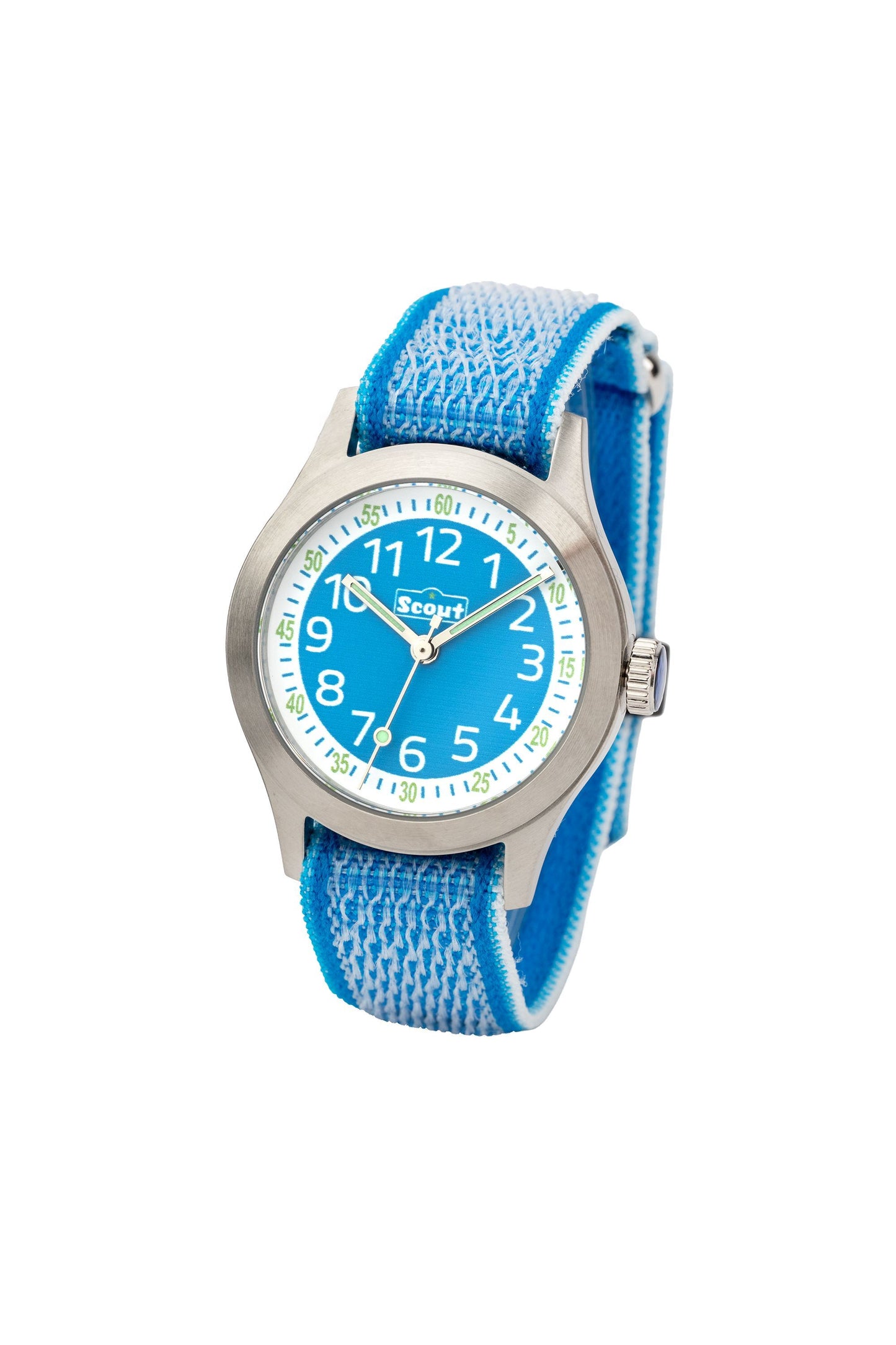 Scout Kinderuhr analog aus der Serie "Cool" mit hellblauem Textilband, Quarzwerk und Klettverschluss