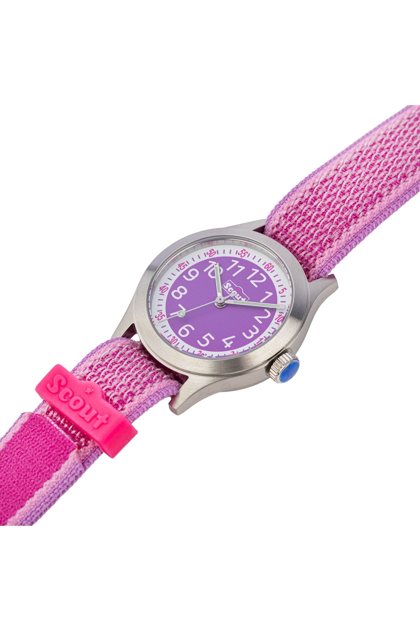 Scout Kinderuhr analog aus der Serie "Cool" mit rosa pinkem Textilband, Quarzwerk und Klettverschluss