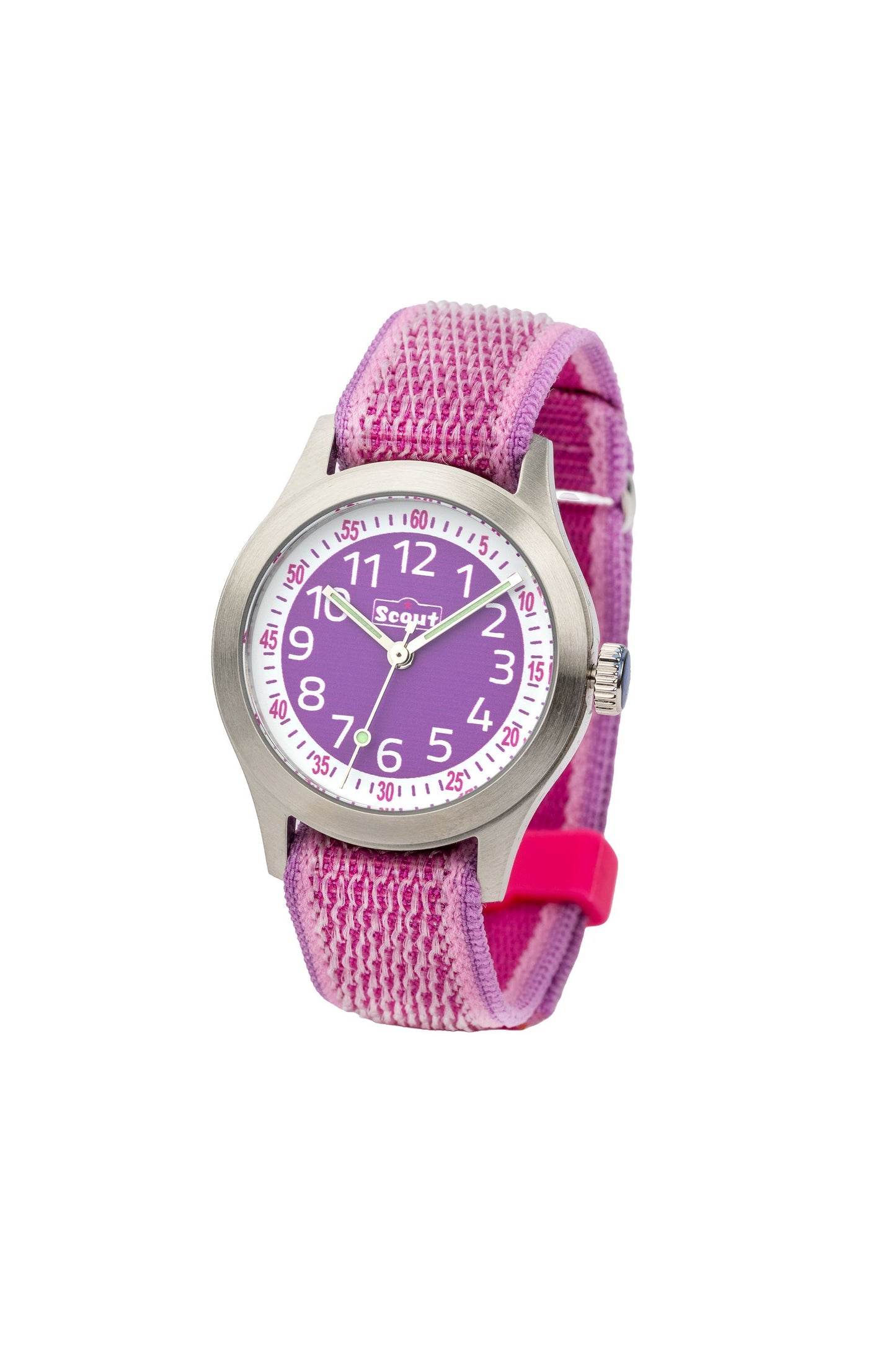 Scout Kinderuhr analog aus der Serie "Cool" mit rosa pinkem Textilband, Quarzwerk und Klettverschluss