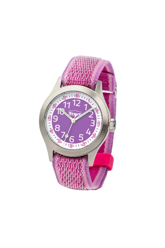 Scout Kinderuhr analog aus der Serie "Cool" mit rosa pinkem Textilband, Quarzwerk und Klettverschluss