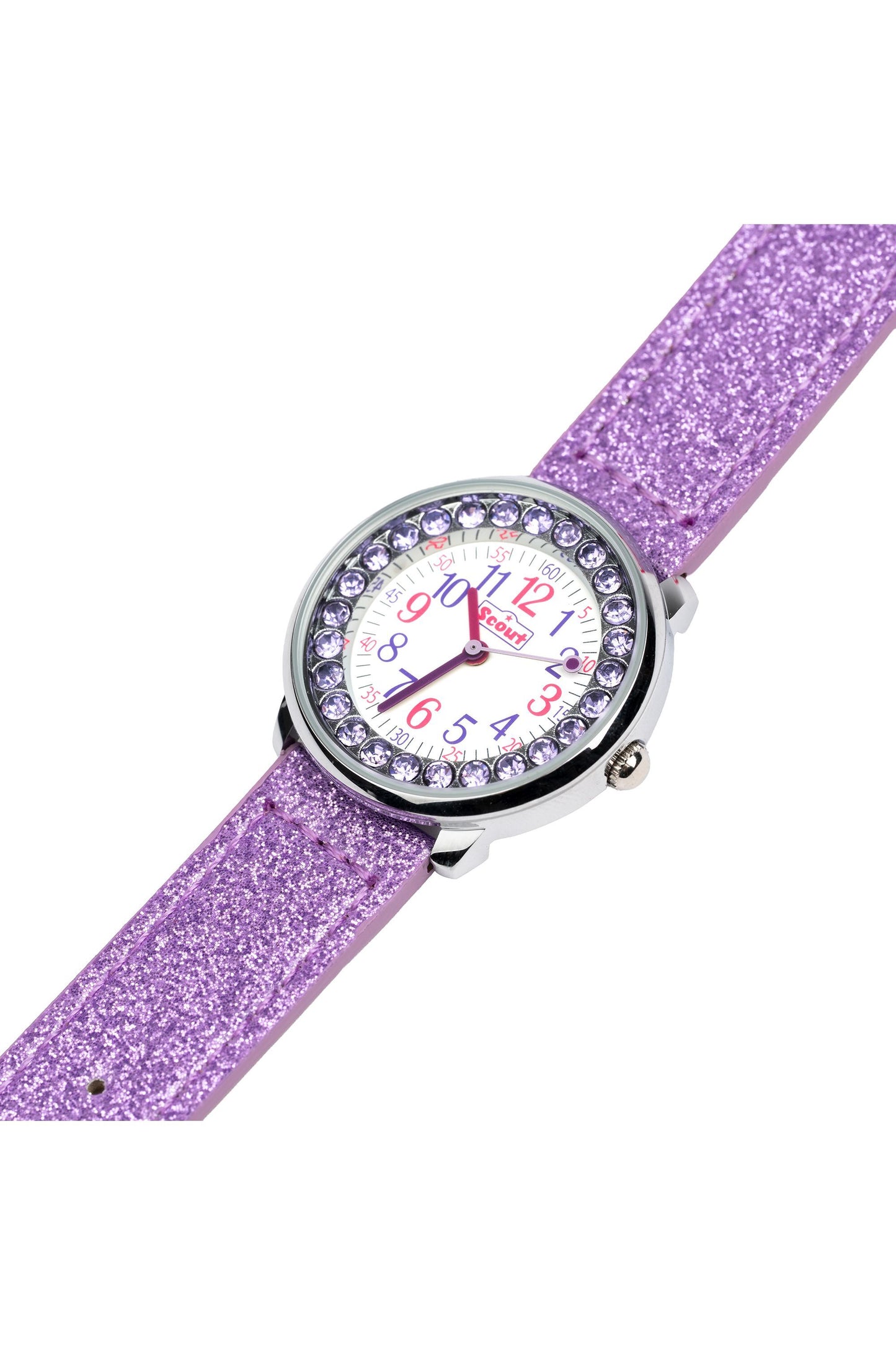 Scout Kinderuhr analog aus der Serie "The Darling Collection" mit violettem schillernden Kunstlederband und Glitzersteinen