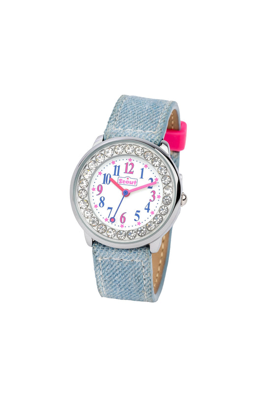 Scout Kinderuhr analog aus der Serie "The Darling Collection" mit Kunstlederband im Jeans-Look und Glitzersteinen