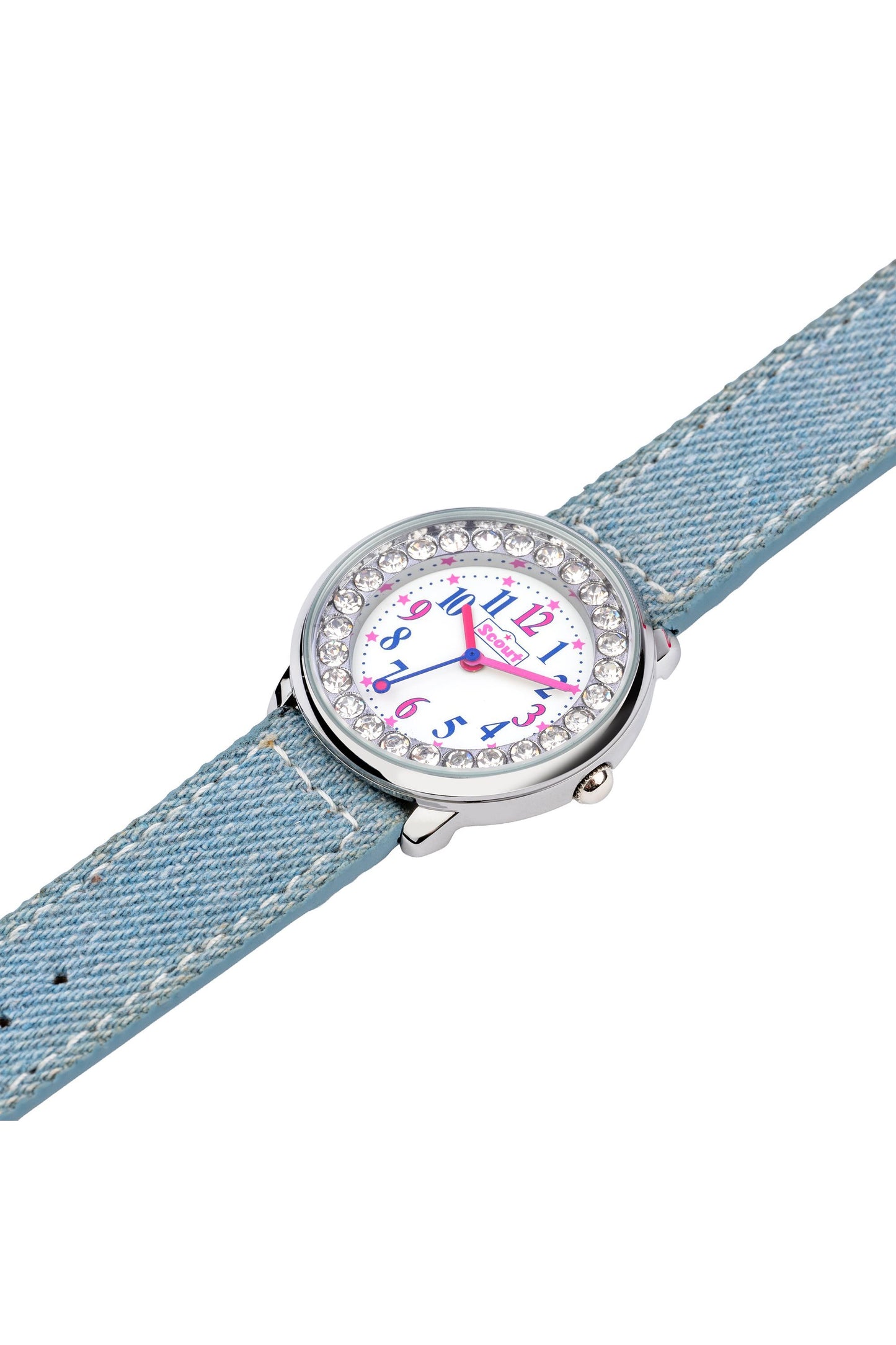 Scout Kinderuhr analog aus der Serie "The Darling Collection" mit Kunstlederband im Jeans-Look und Glitzersteinen
