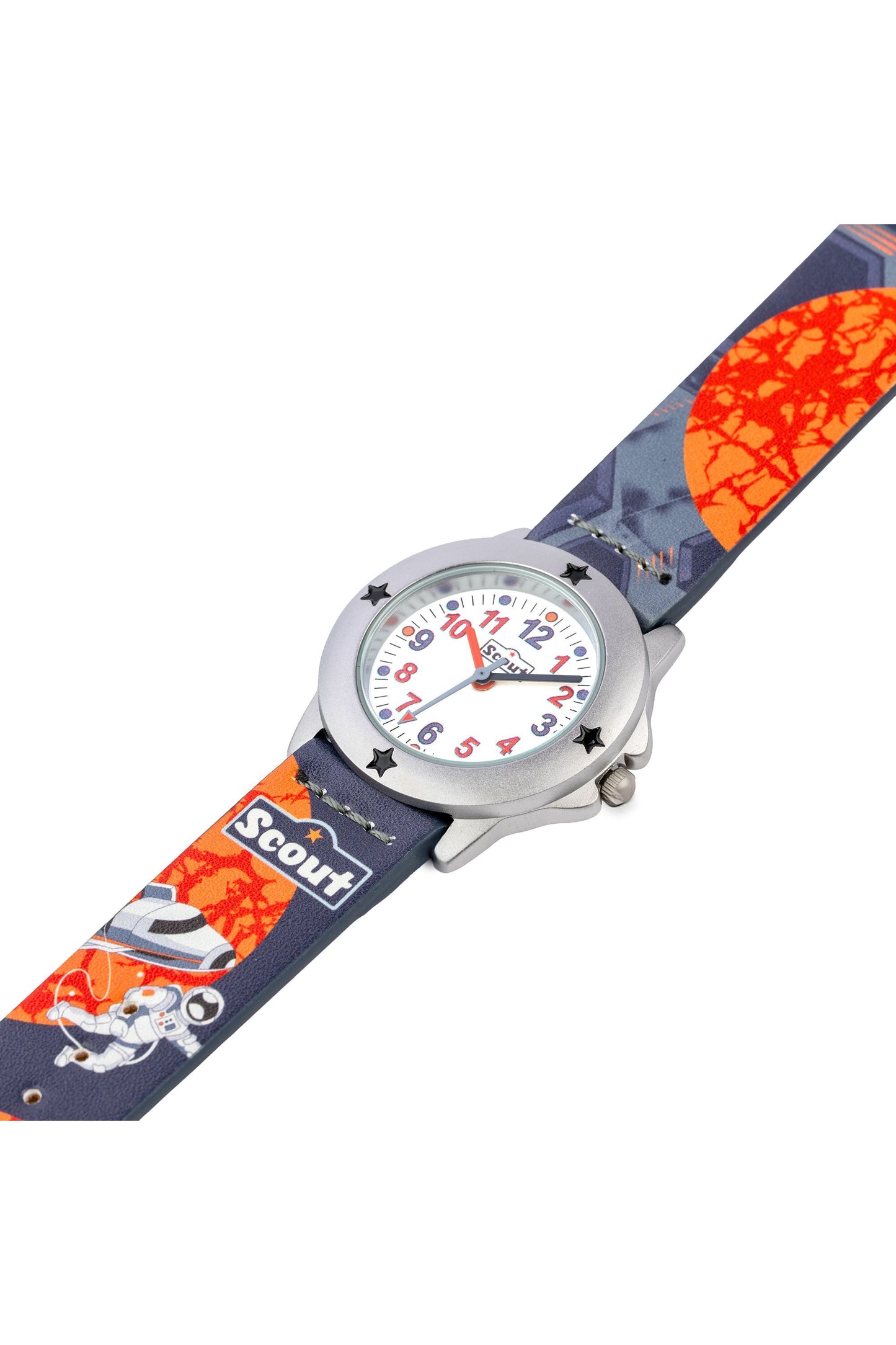 Scout Kinderuhr analog aus der Serie "Star Kids" mit orange schwarzem Kunstlederband, Weltraum-Motiven und Quarzwerk