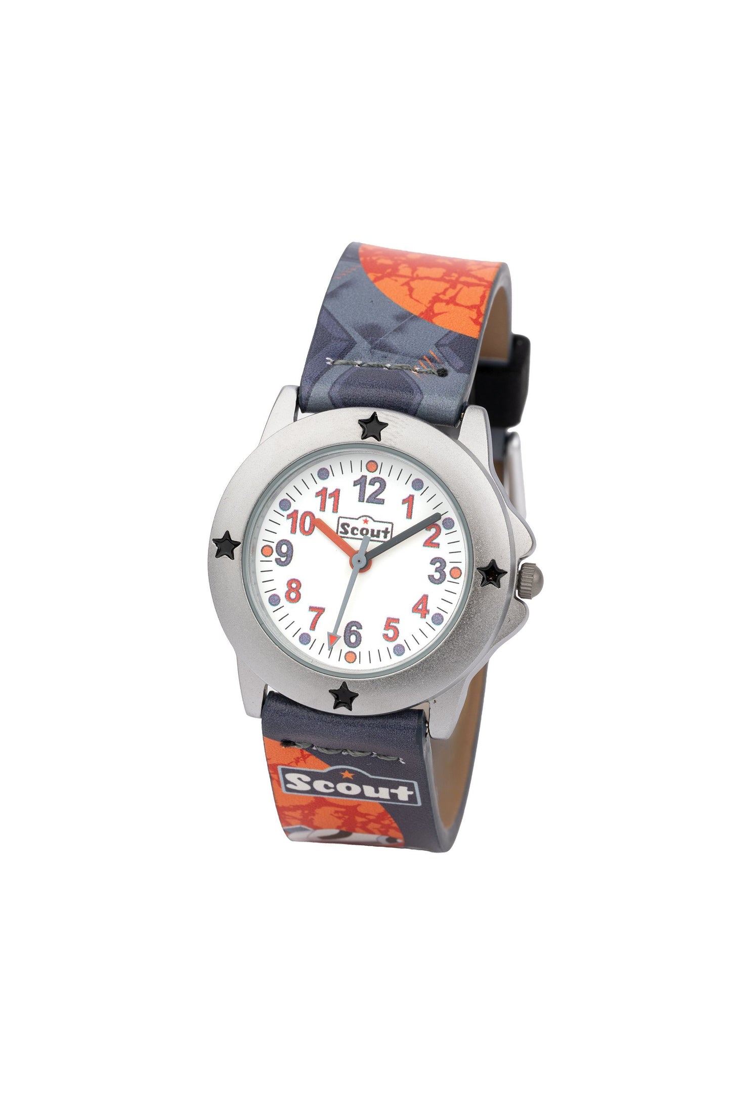 Scout Kinderuhr analog aus der Serie "Star Kids" mit orange schwarzem Kunstlederband, Weltraum-Motiven und Quarzwerk