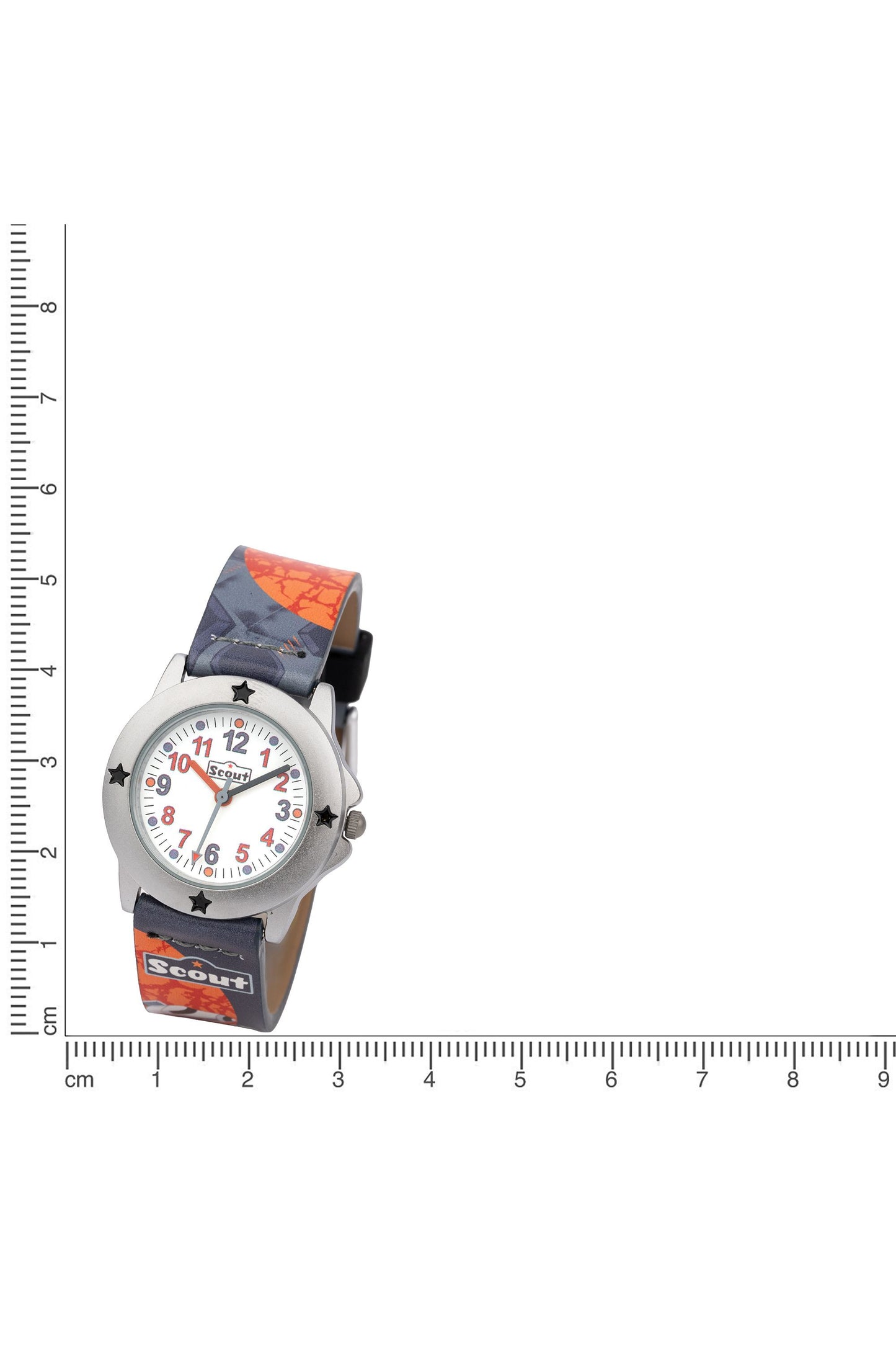 Scout Kinderuhr analog aus der Serie "Star Kids" mit orange schwarzem Kunstlederband, Weltraum-Motiven und Quarzwerk