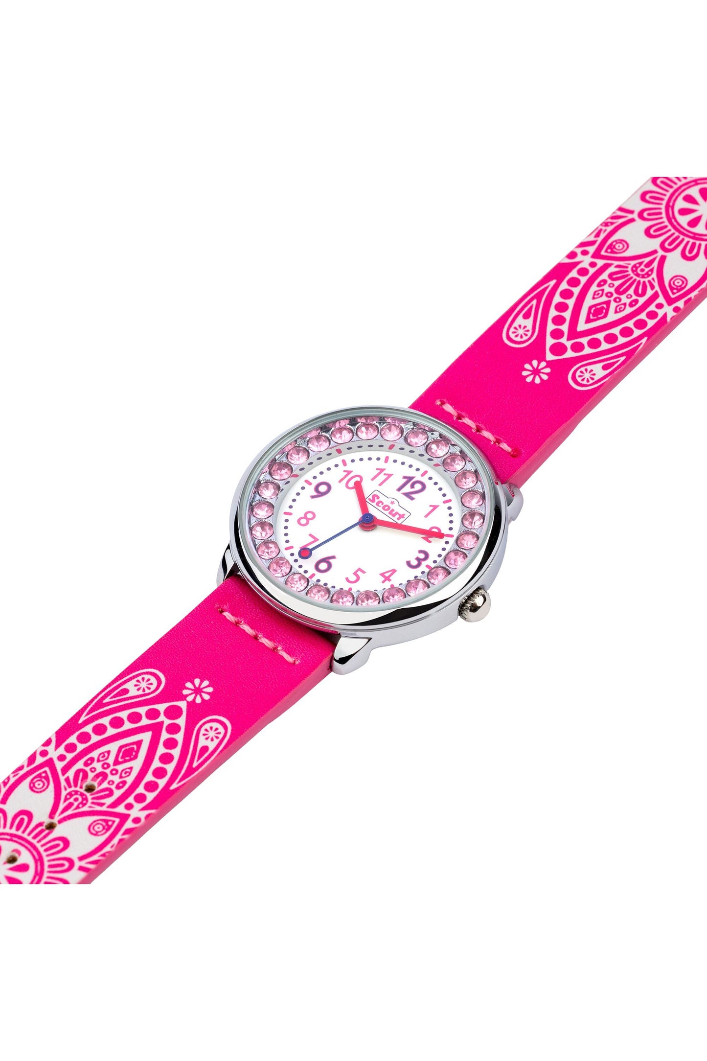Scout Kinderuhr analog aus der Serie "The Darling Collection" mit pinkem Kunstlederband, Mandala-Motiv und Glitzersteinen