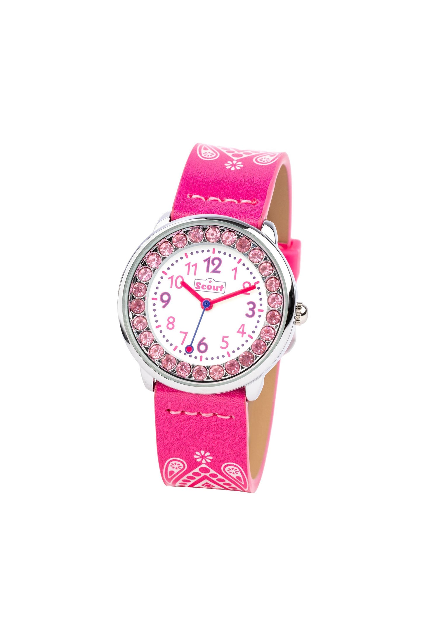 Scout Kinderuhr analog aus der Serie "The Darling Collection" mit pinkem Kunstlederband, Mandala-Motiv und Glitzersteinen