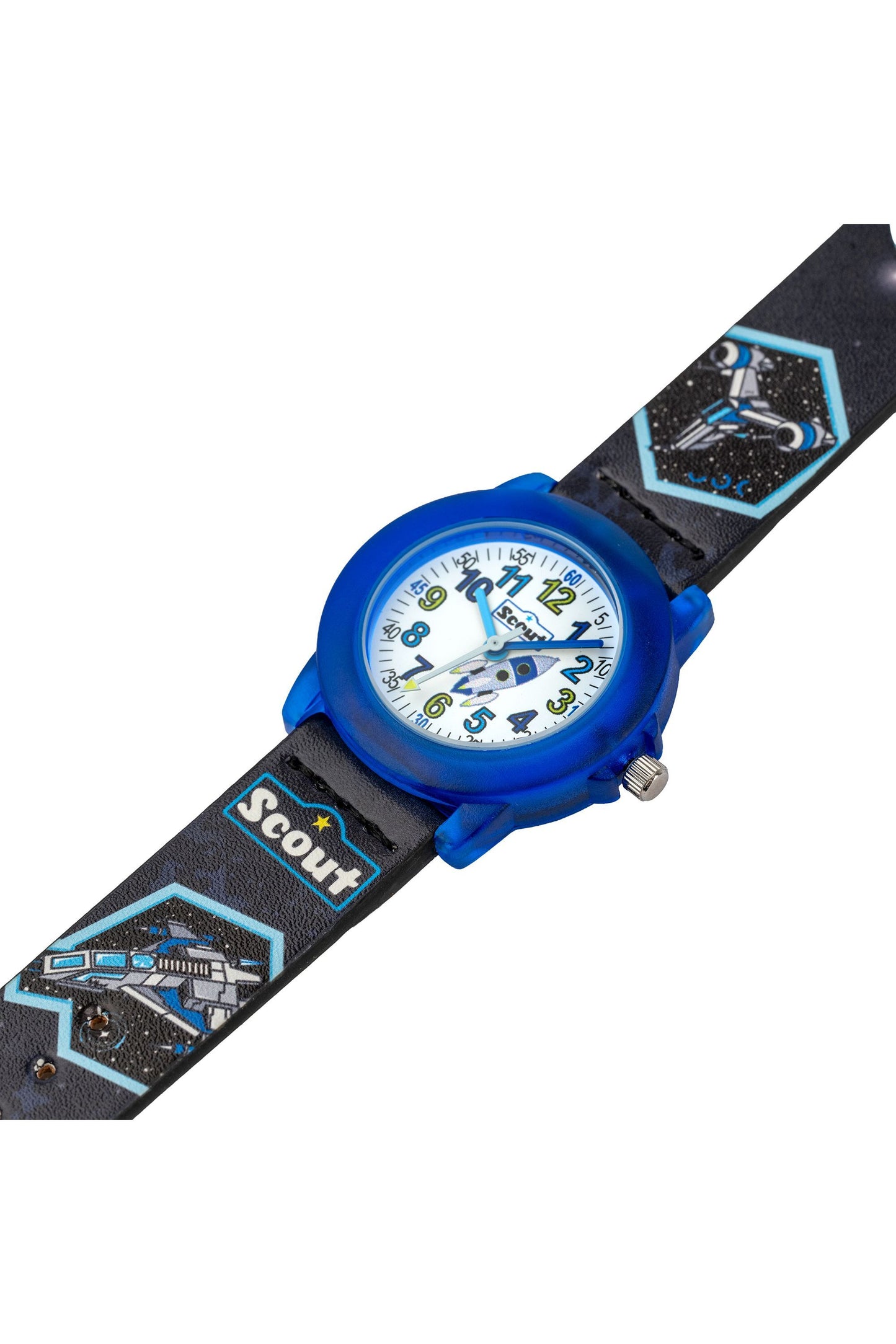Scout Kinderuhr analog aus der Serie "Crystal" mit schwarz/blauem Kunstlederband mit Weltall-Motiven und Quarzwerk