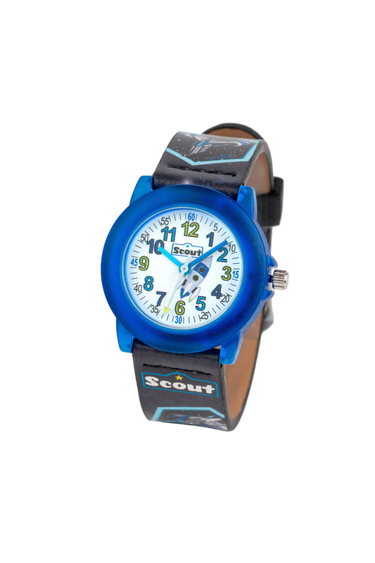 Scout Kinderuhr analog aus der Serie "Crystal" mit schwarz/blauem Kunstlederband mit Weltall-Motiven und Quarzwerk
