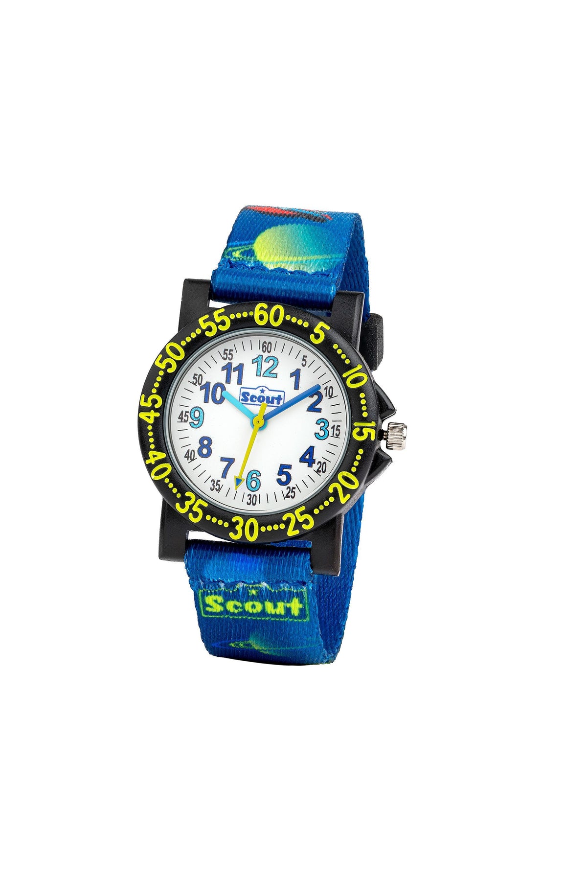 Scout Kinderuhr analog aus der Serie "The IT Collection" mit blauem Textilband, Weltraum-Motiven und Quarzwerk