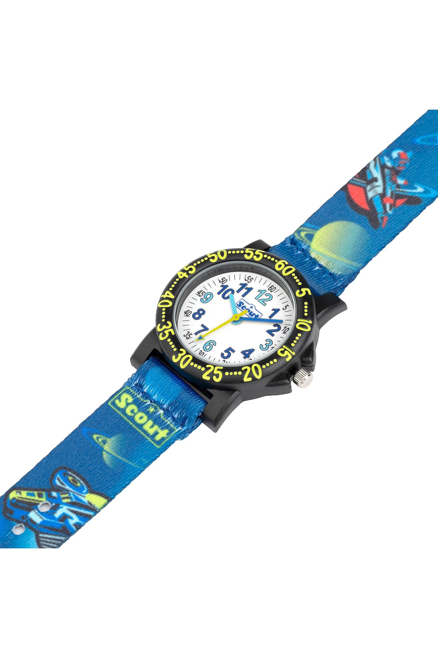 Scout Kinderuhr The IT Collection mit blauem Textilband, Weltraum-Motiven und weißem Lernzifferblatt