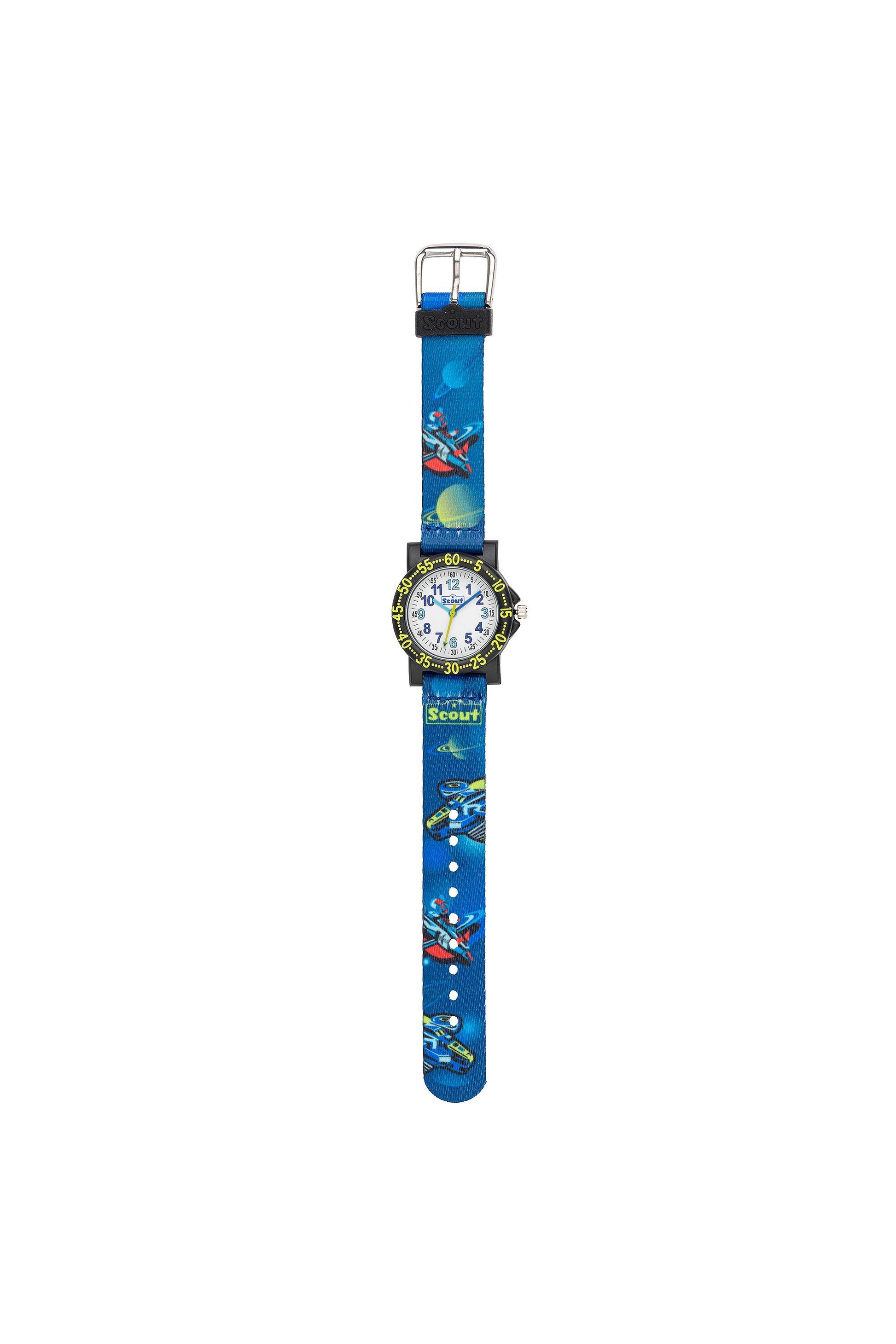 Sportliche Scout Kinderuhr mit blauem Space-Design und Weltraum-Motiven
