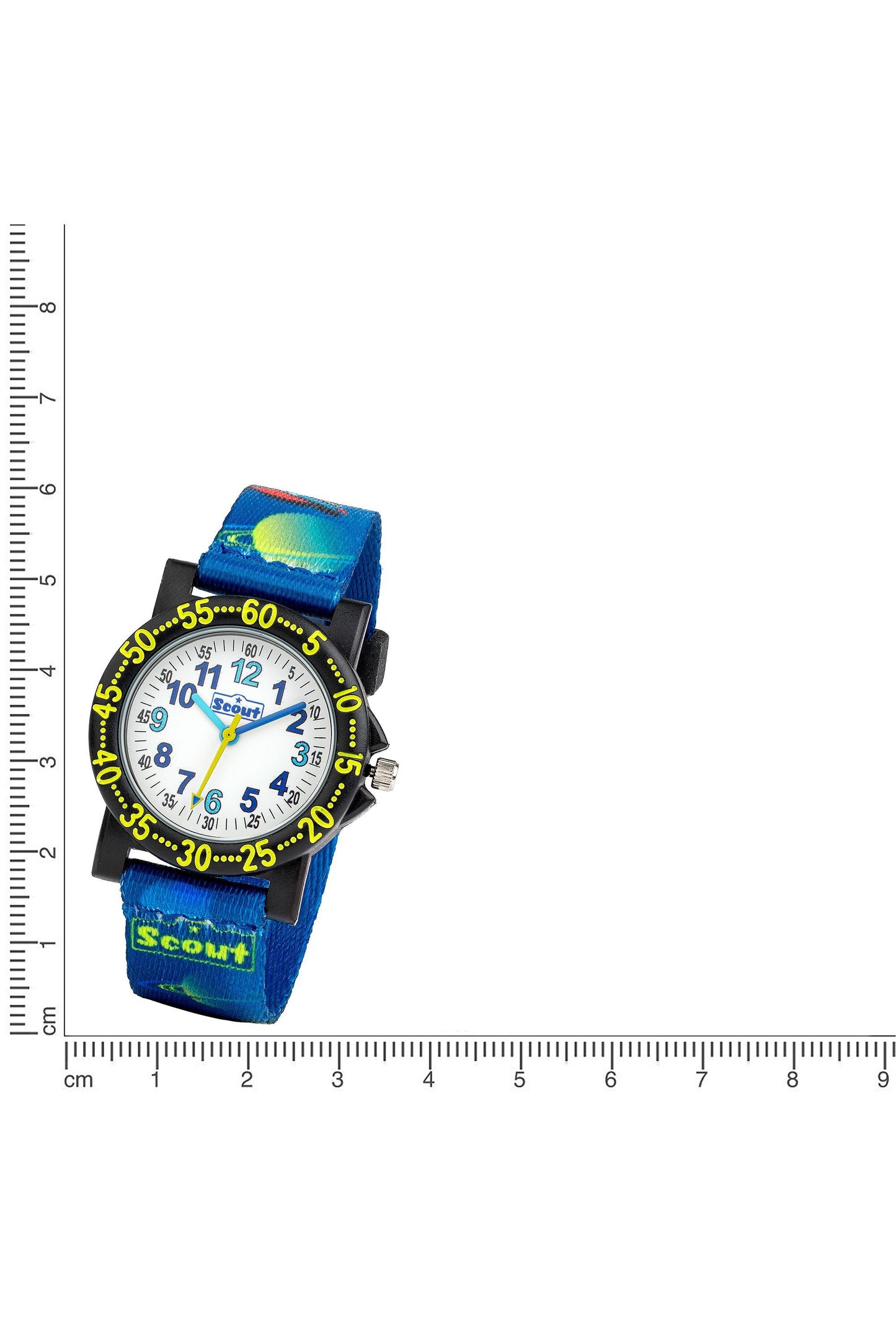 Scout Kinderuhr The IT Collection mit blauem Textilband, Weltraum-Motiven und weißem Lernzifferblatt neben einem Lineal zur Größendarstellung