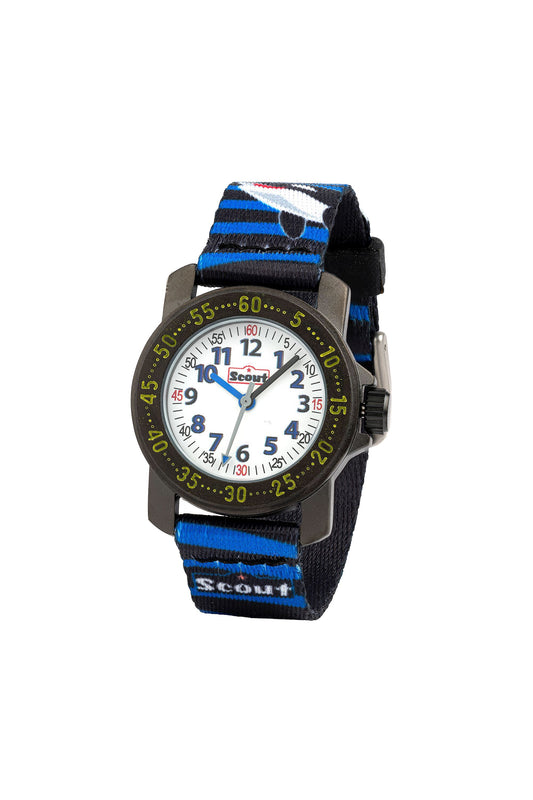 Scout Kinderuhr analog aus der Serie "Action" mit schwarz blauem Textilband mit Orca-Motiven und Quarzwerk