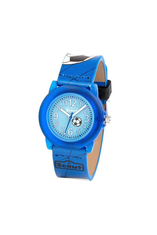 Scout Kinderuhr analog aus der Serie "Crystal" mit blauem Kunstlederband mit Fussball-Motiven und Quarzwerk