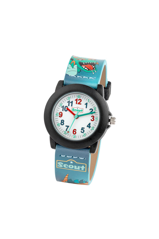 Scout Kinderuhr analog aus der Serie "Crystal" mit buntem Kunstlederband mit Drachen-Motiven und Quarzwerk