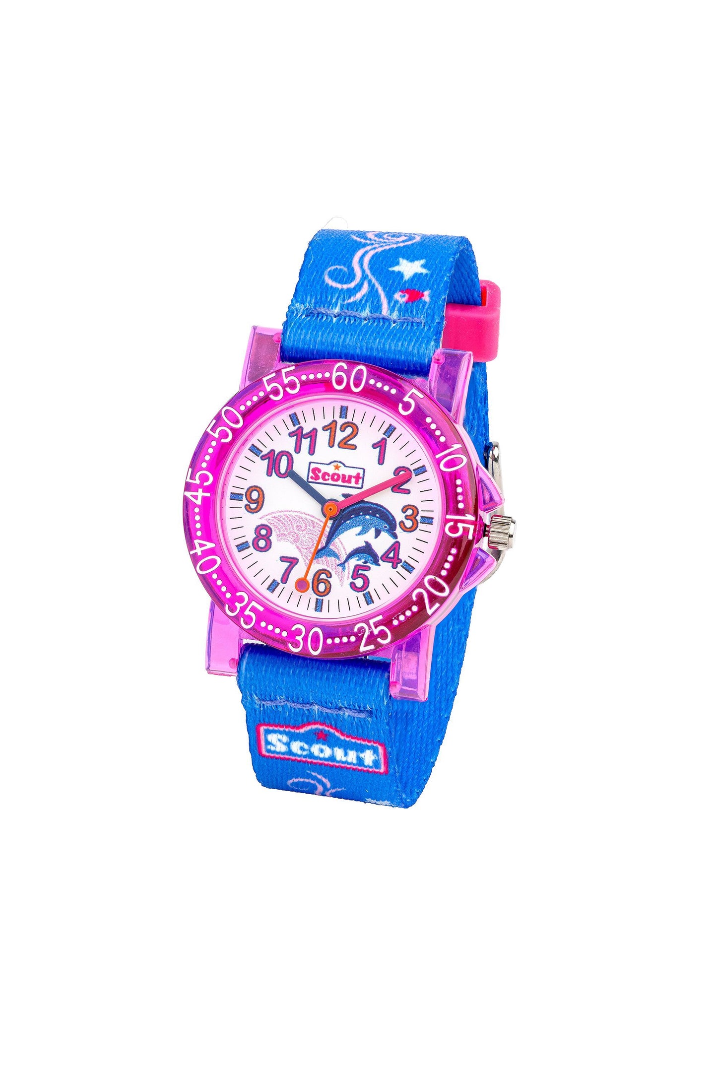 Scout Kinderuhr analog aus der Serie ‚The IT Collection‘ mit blau-pinkem Textilband, Delfin-Motiven und Quarzwerk