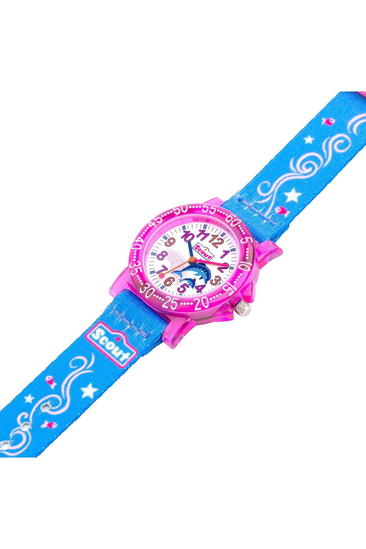 Scout Kinderuhr mit Delfin-Motiven auf dem blau-pinken Textilarmband