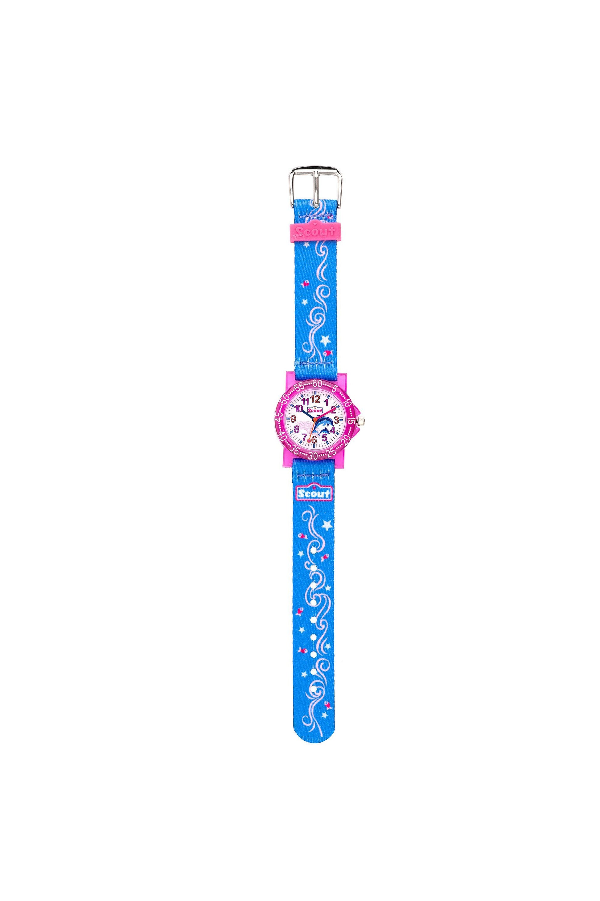 Scout Kinderuhr analog aus der Serie ‚The IT Collection‘ mit blau-pinkem Textilband und Delfin-Motiven