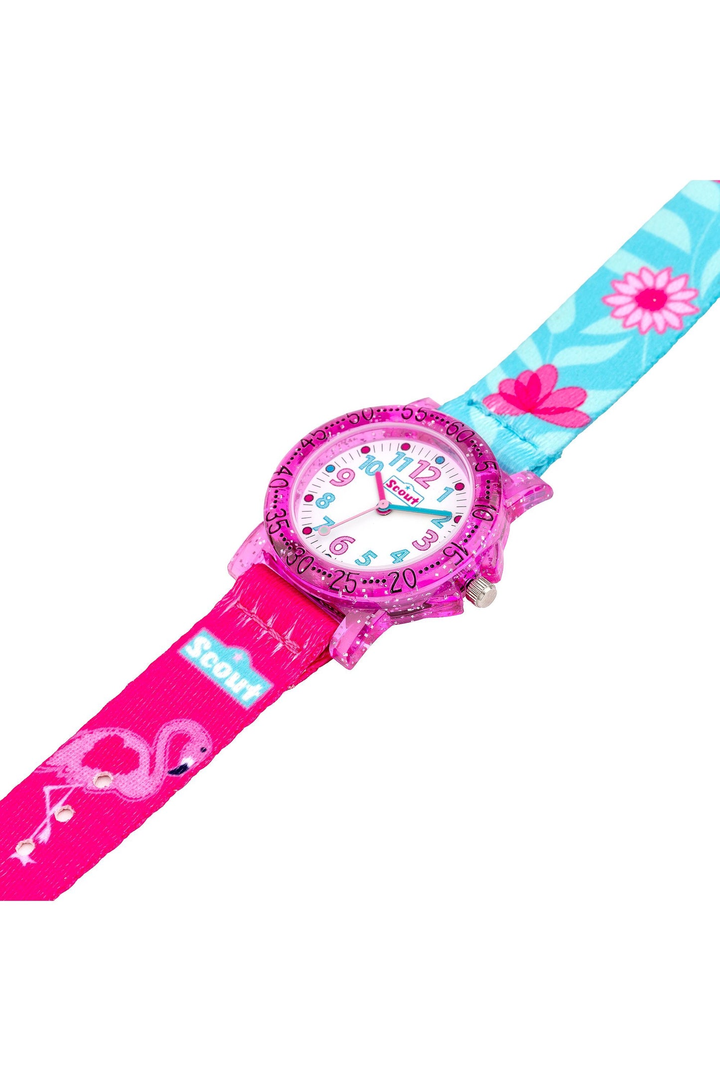 Scout Kinderuhr mit Flamingo- und Blumenmotiven auf dem türkis-pinken Textilarmband