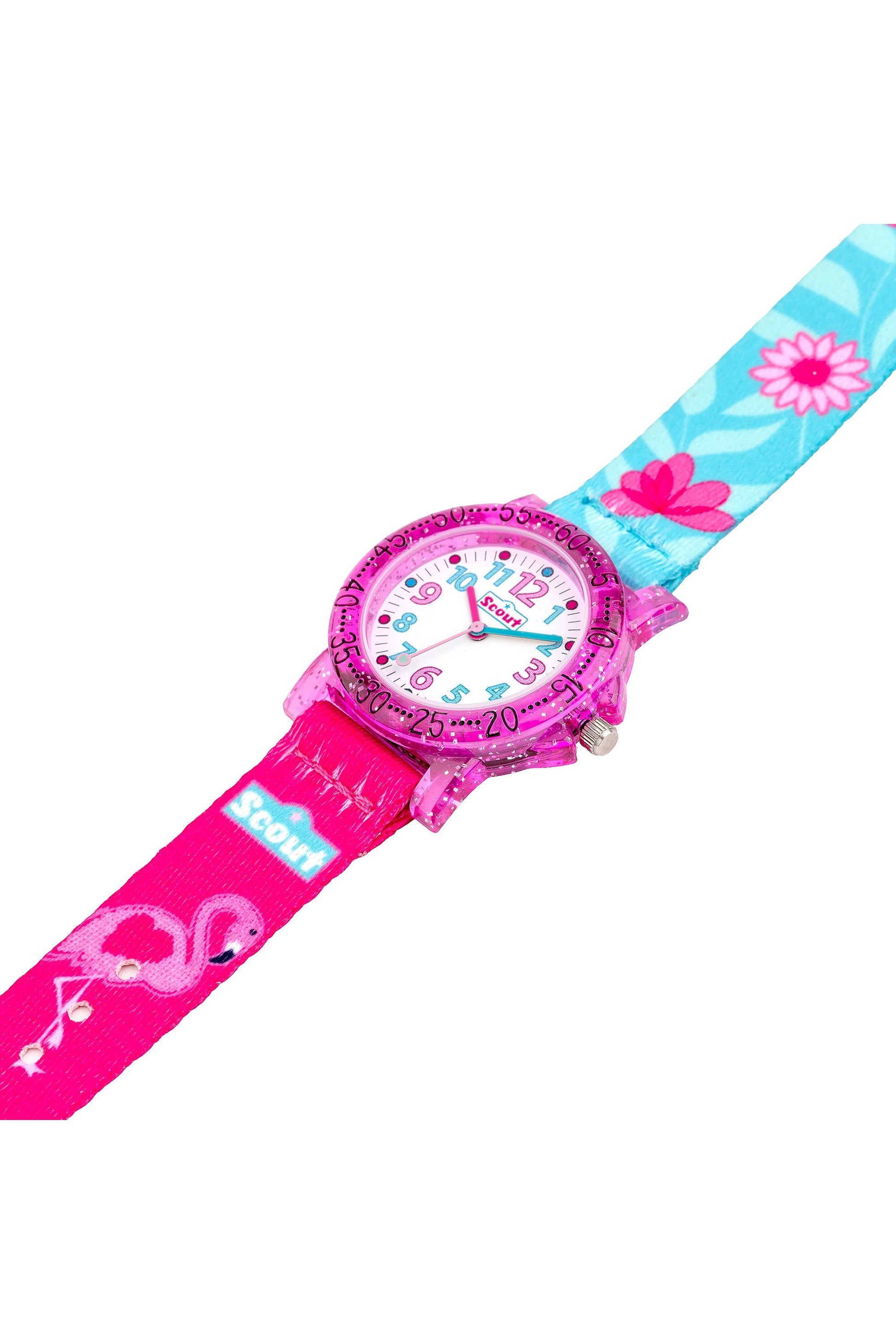 Scout Kinderuhr mit Flamingo- und Blumenmotiven auf dem türkis-pinken Textilarmband