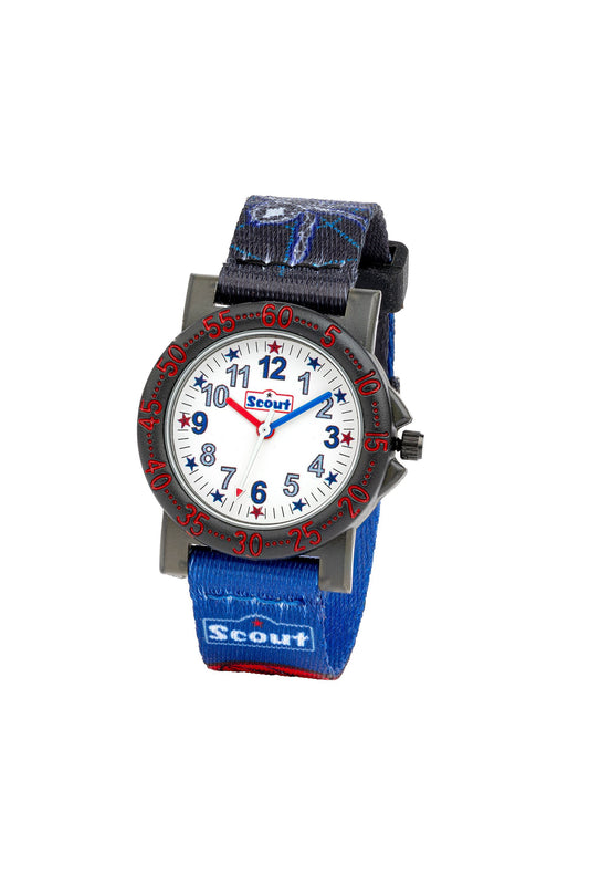 Scout Kinderuhr analog aus der Serie "The IT Collection" mit blau schwarzem Textilband, Fledermaus und Spinnen-Motiven und Quarzwerk