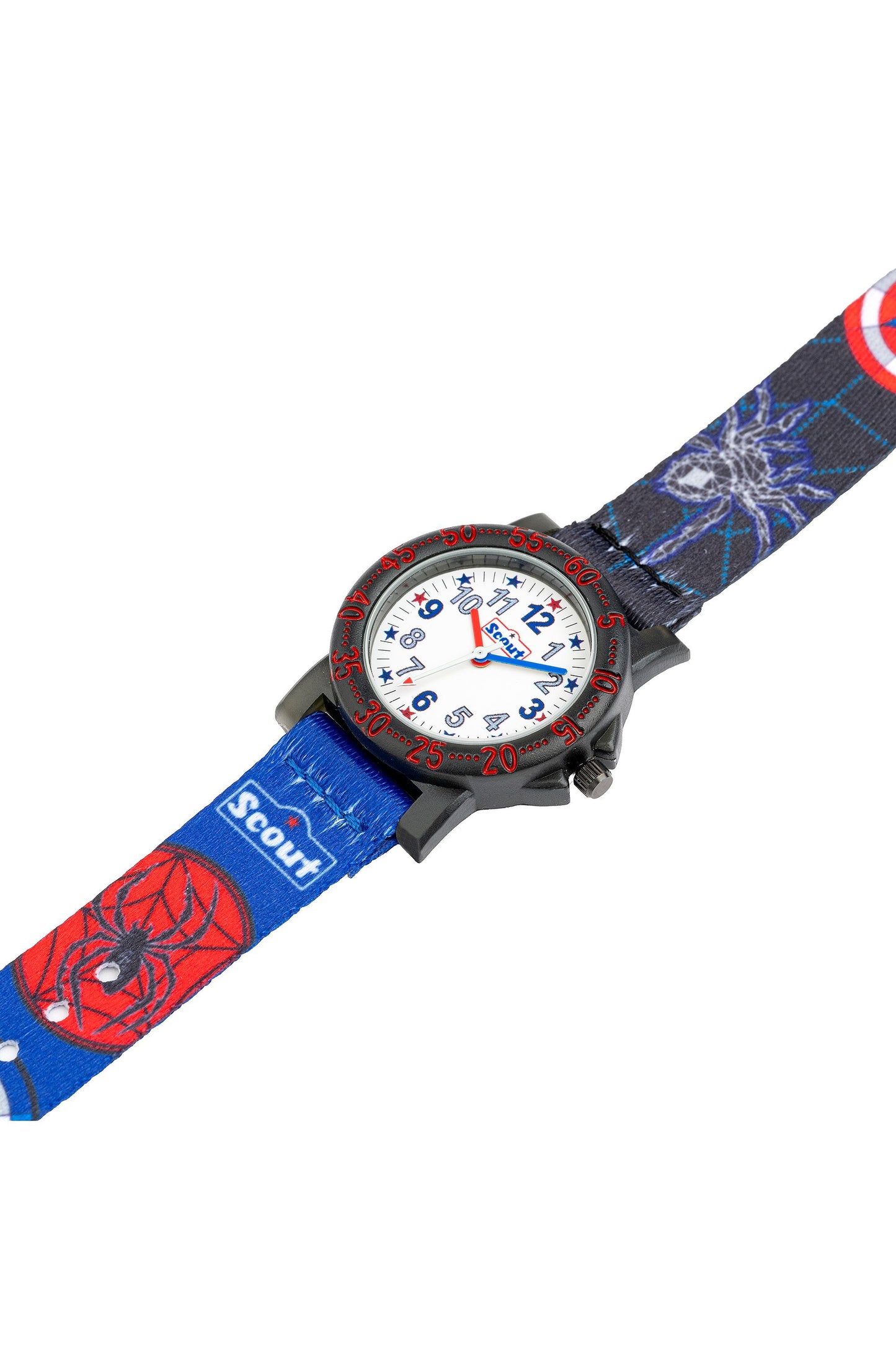 Detail der Kinderuhr mit schwarzem Gehäuse, weißen Lernzahlen und Spinnen-Design auf dem Armband